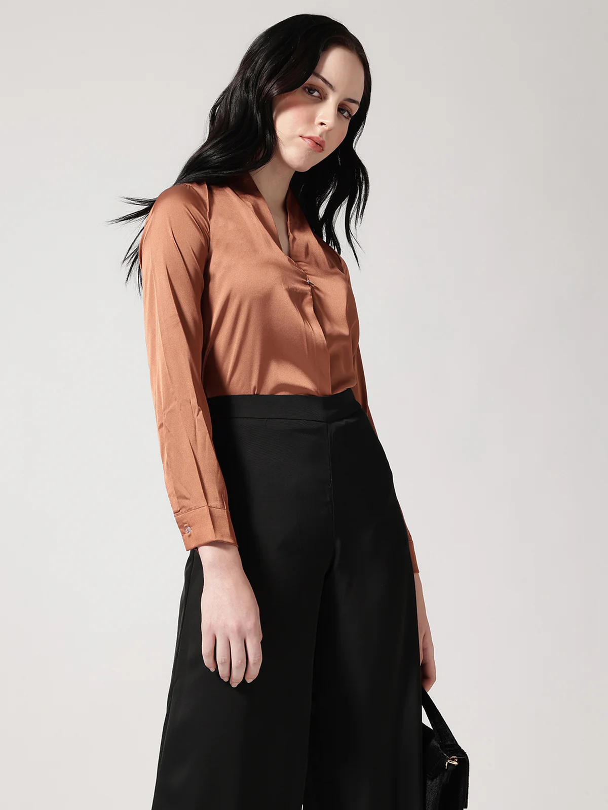 Women Brown Satin V-Neck Top - Image 6
