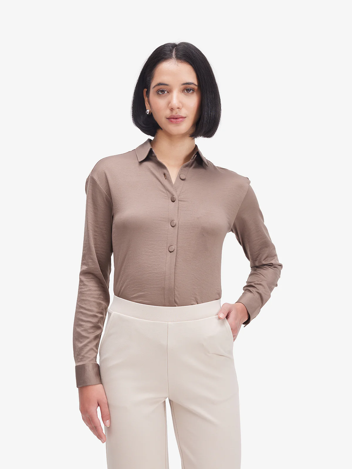 Women Brown Side Knot Detail Shirt - Image 5