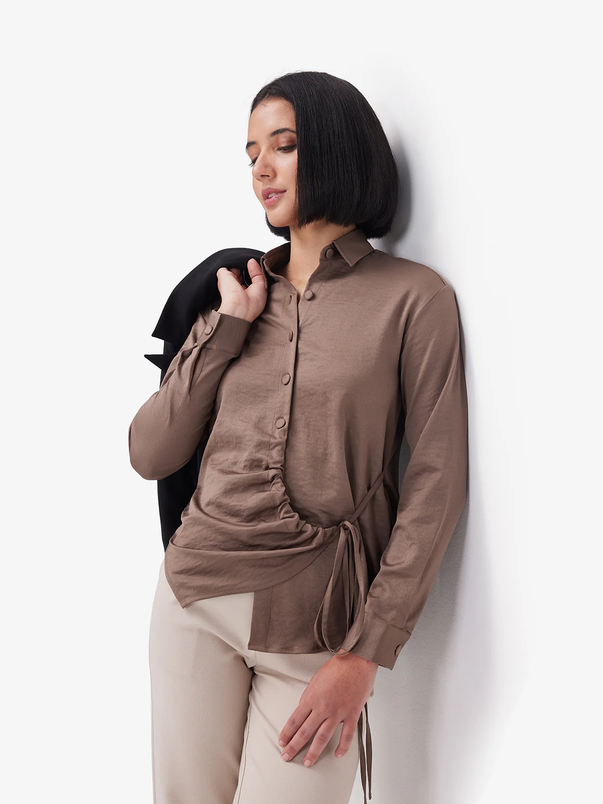 Women Brown Side Knot Detail Shirt - Image 6