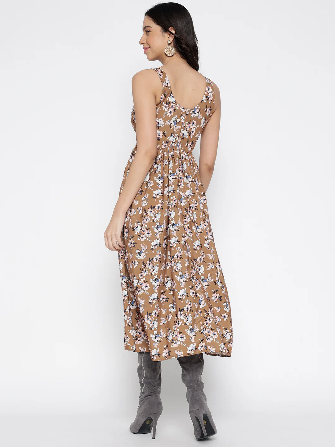 Women Brown Silky Crepe Midi Dress - Image 2