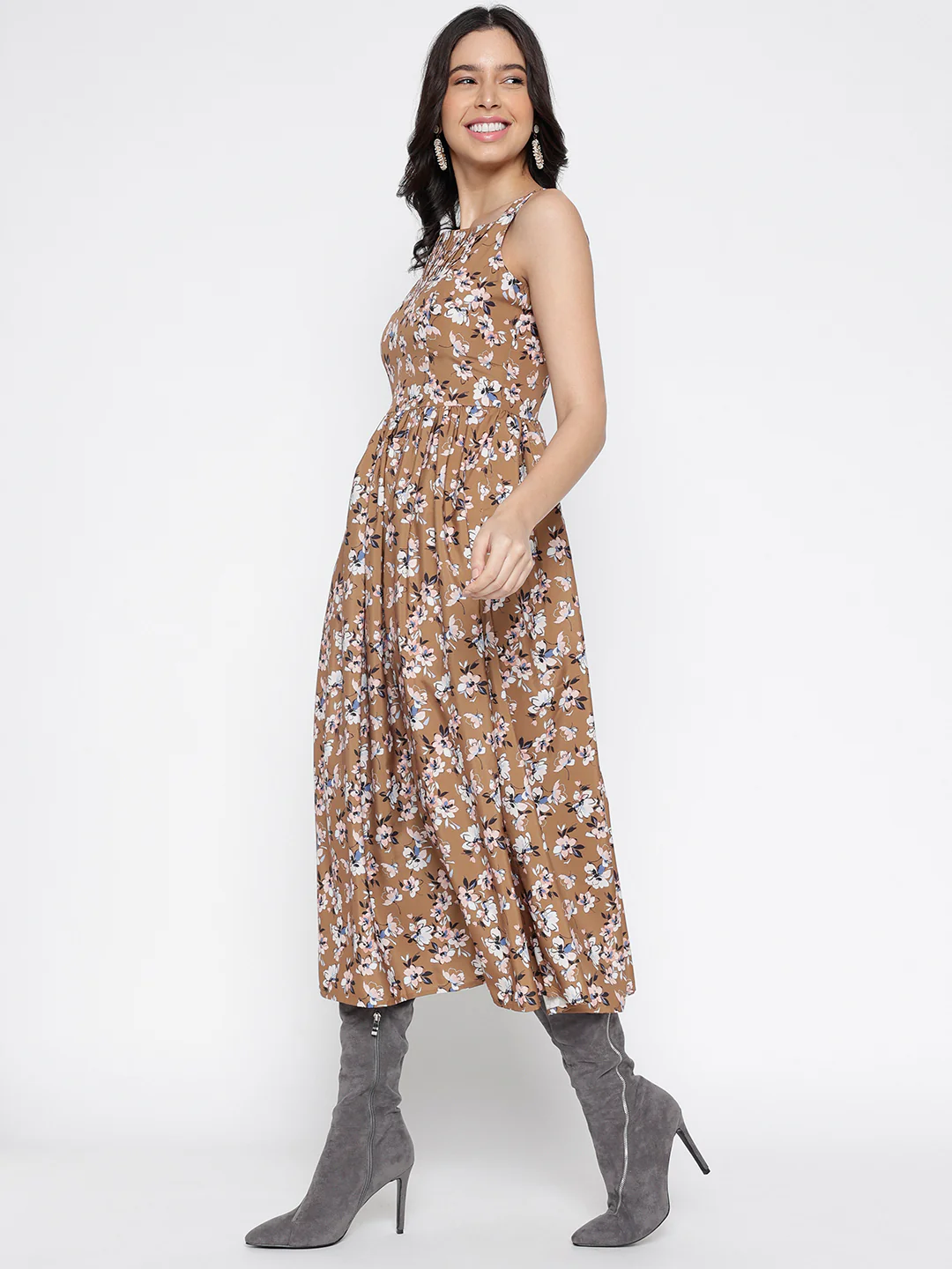Women Brown Silky Crepe Midi Dress - Image 4