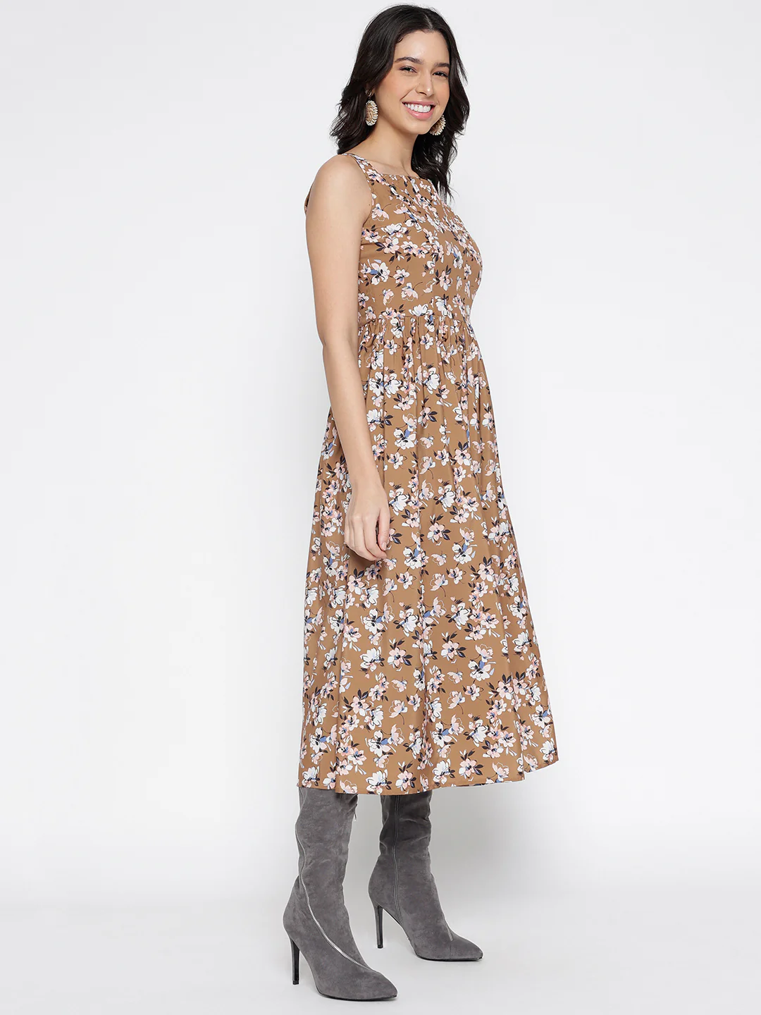 Women Brown Silky Crepe Midi Dress - Image 6