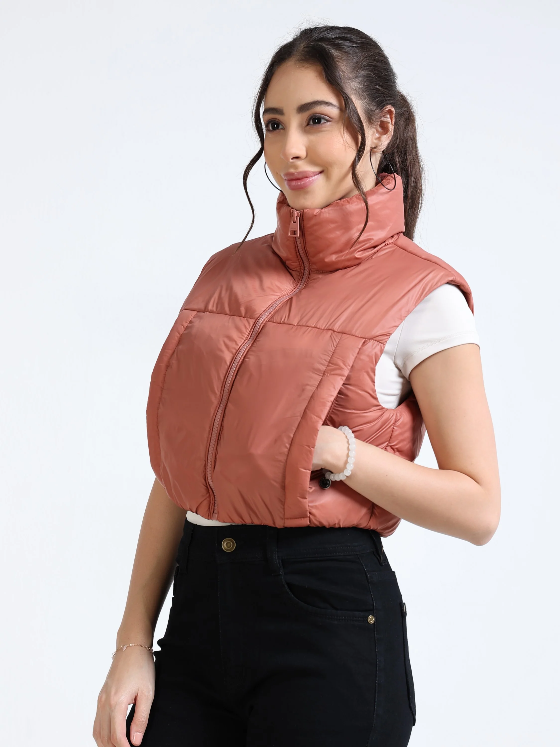 Women Brown Crop Puffer Jacket