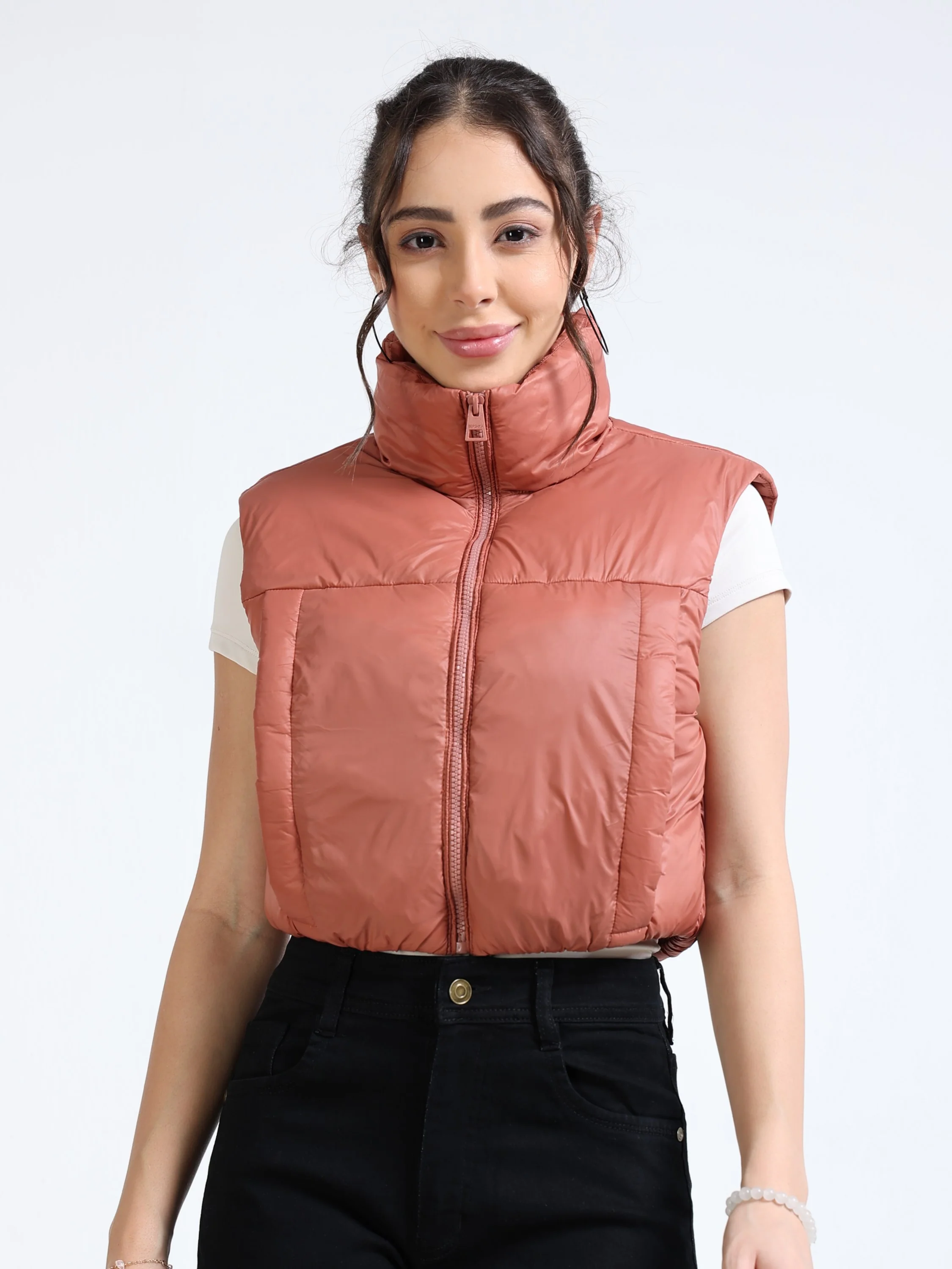 Women Brown Crop Puffer Jacket - Image 2