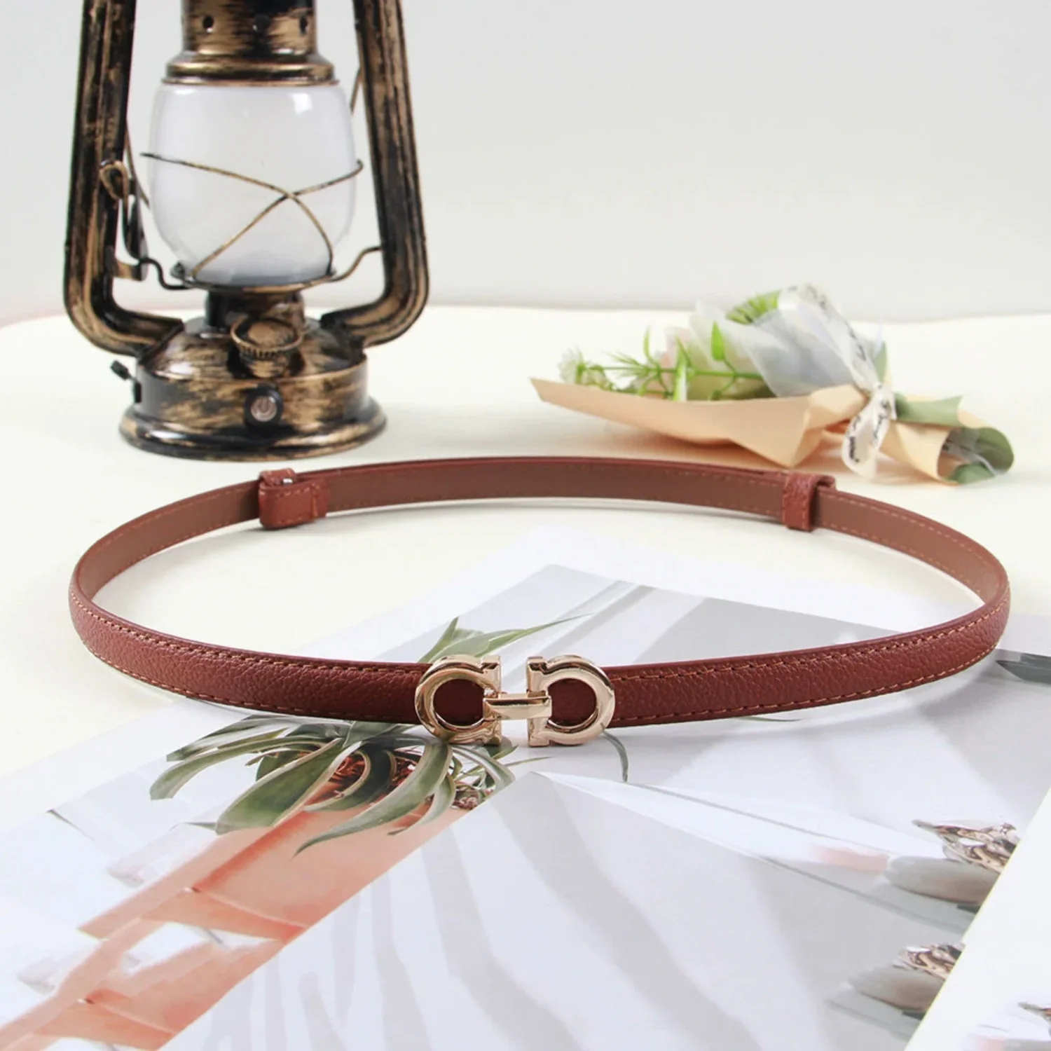 Women Brown Slim Brown Gancini Buckle Belt - Image 2