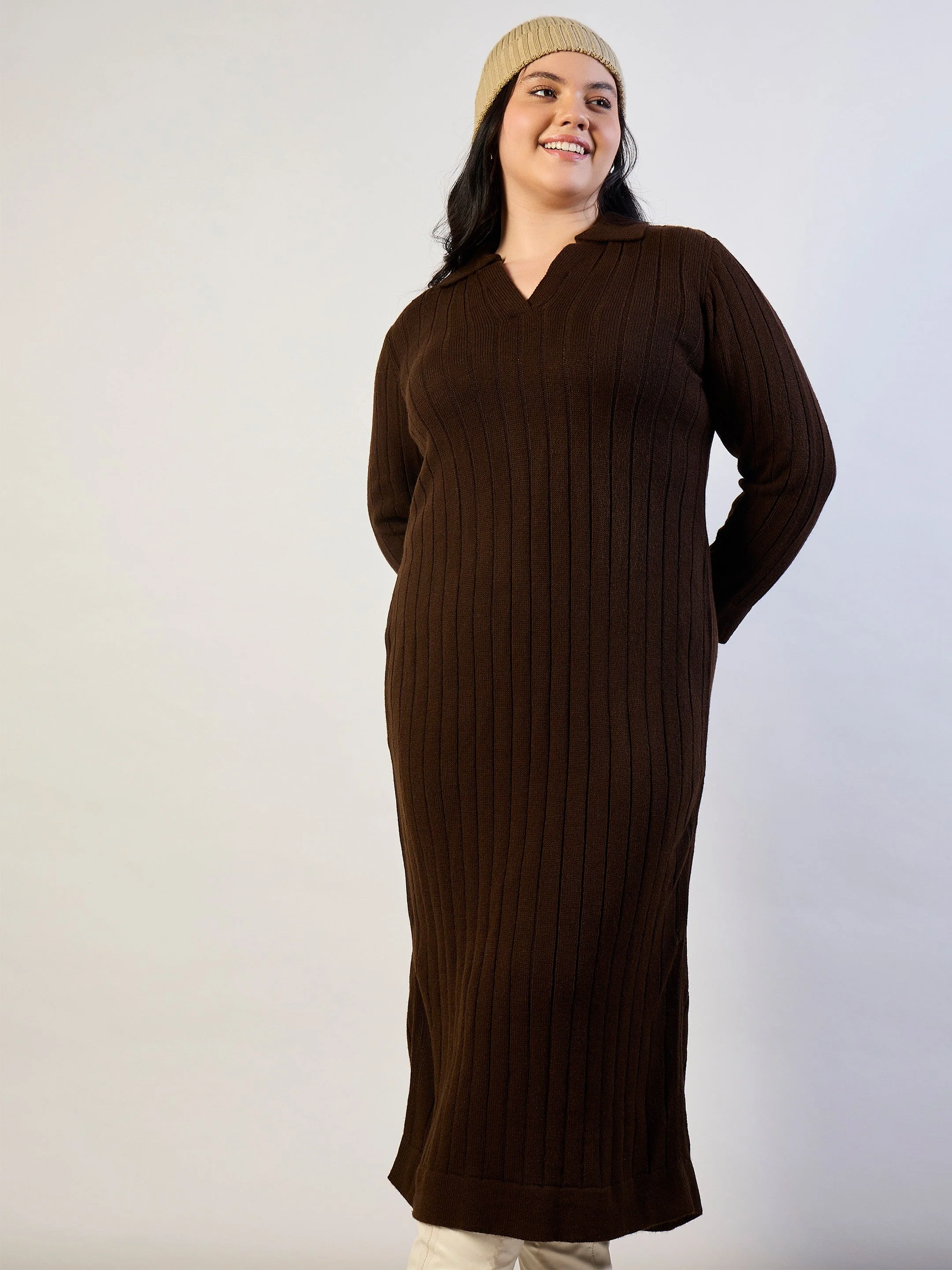 Women Brown Solid Acrylic Wool Collar Midi Dress - Image 2