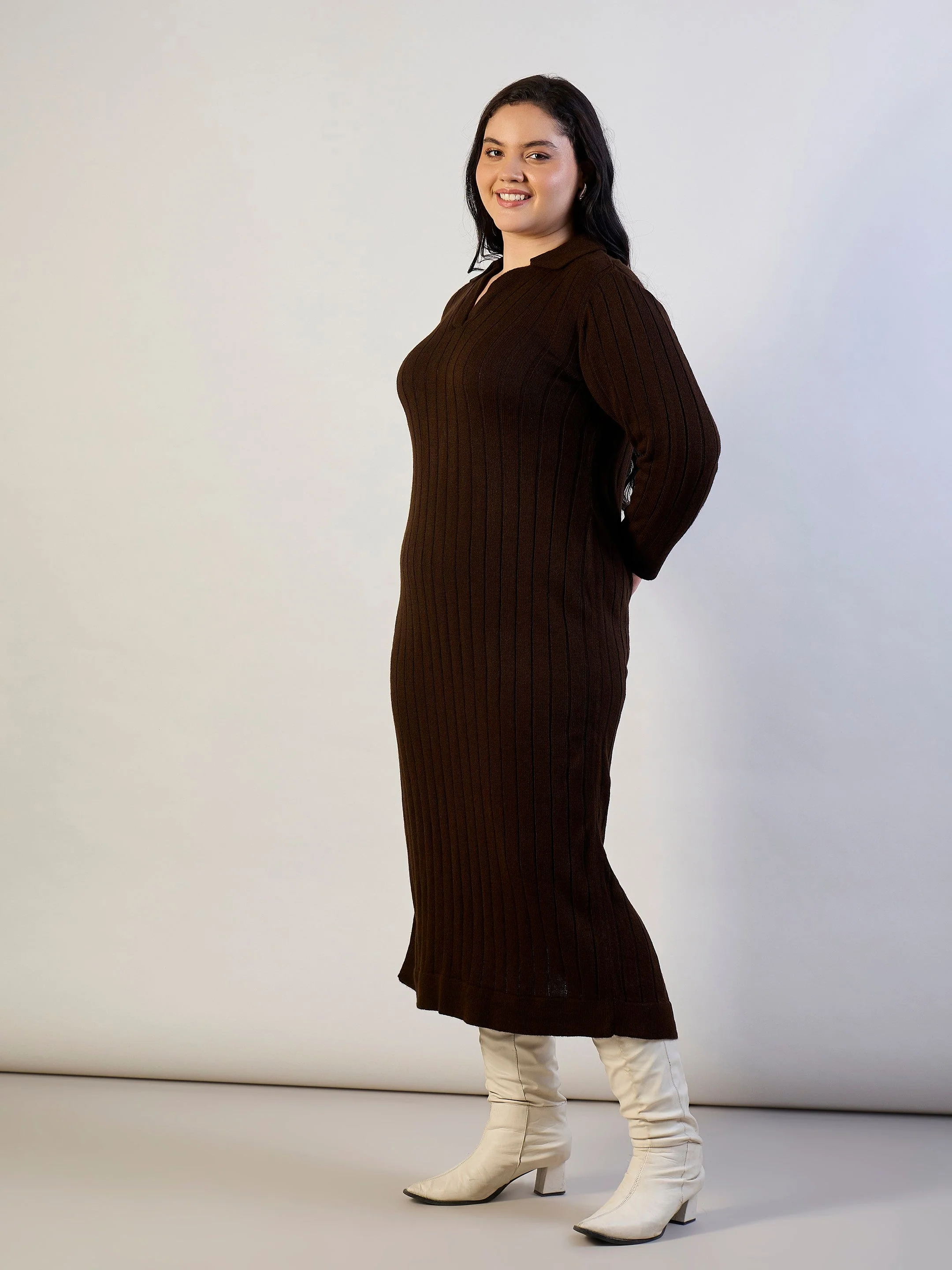 Women Brown Solid Acrylic Wool Collar Midi Dress - Image 3