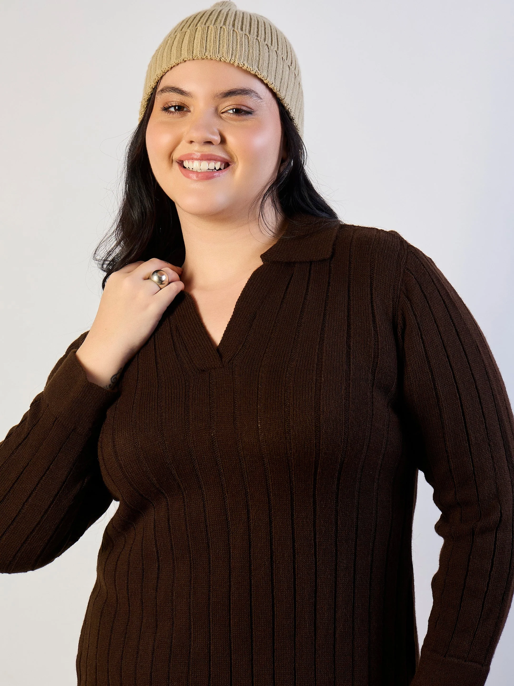 Women Brown Solid Acrylic Wool Collar Midi Dress - Image 4