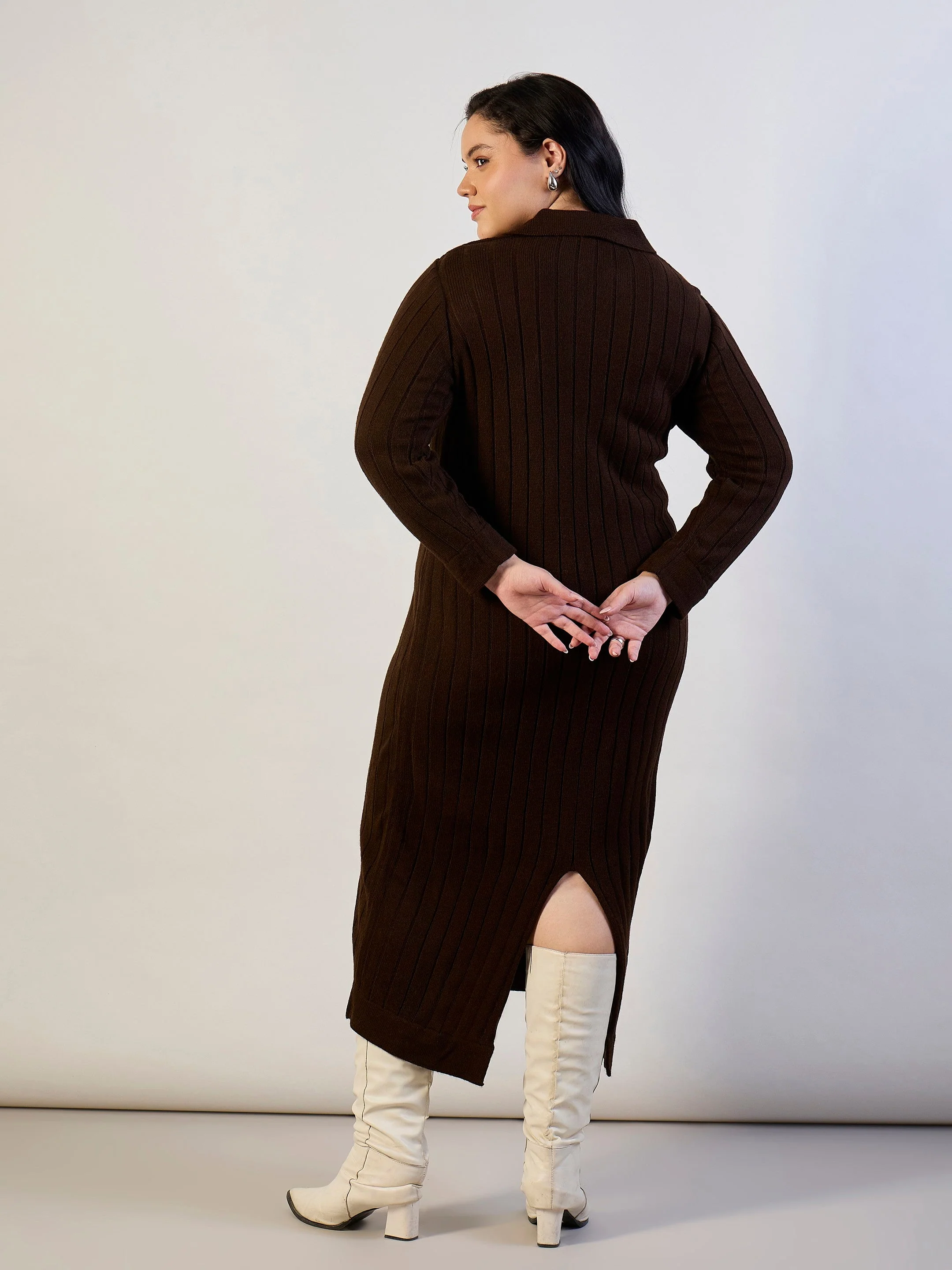 Women Brown Solid Acrylic Wool Collar Midi Dress - Image 5