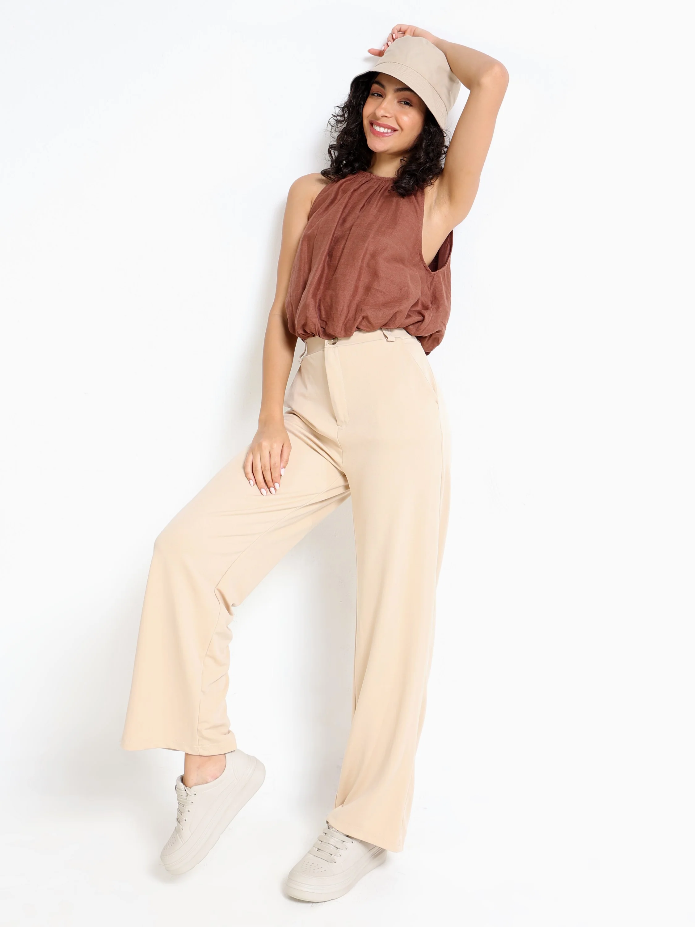 Women Brown Bubble Crop Top - Image 2