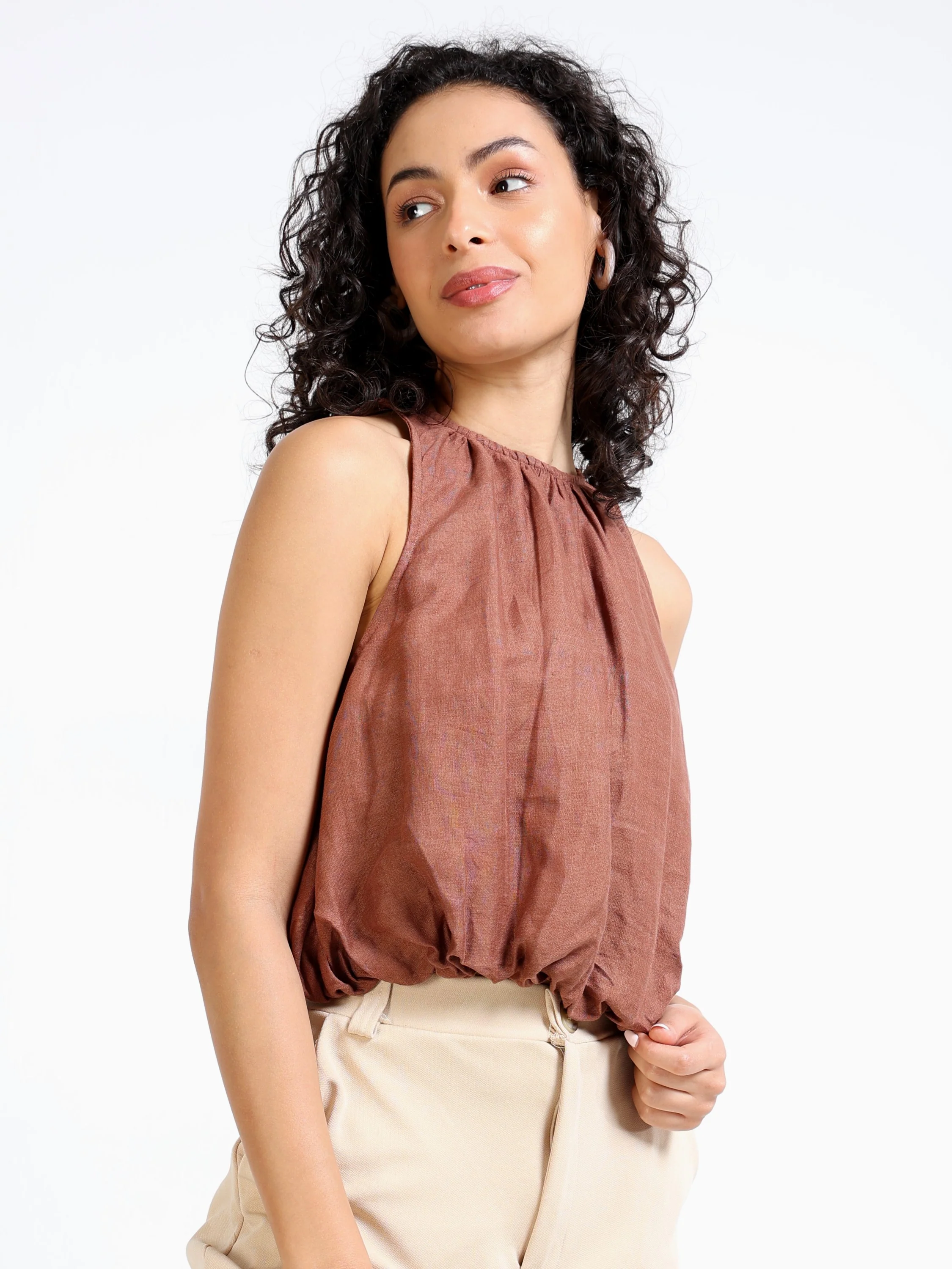 Women Brown Bubble Crop Top - Image 5
