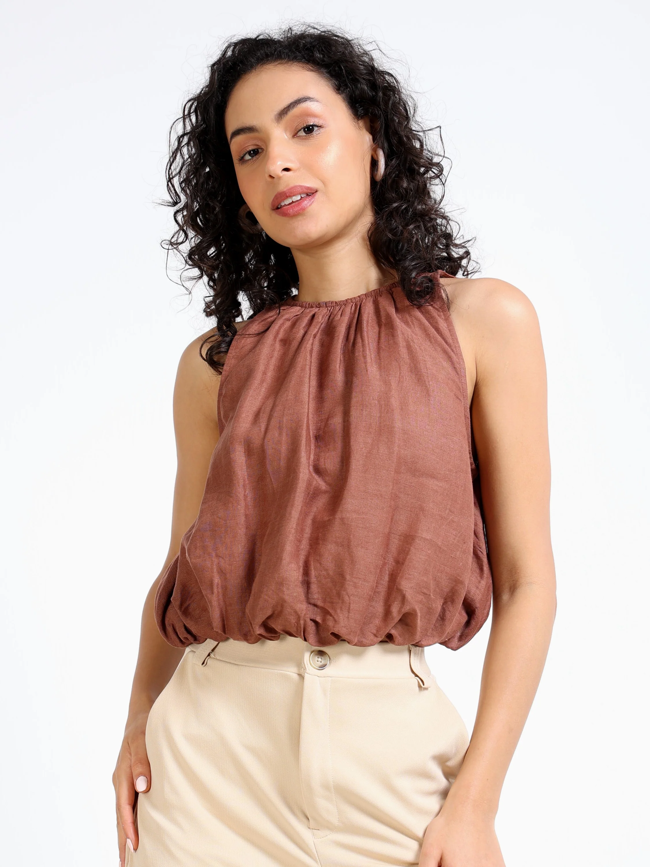 Women Brown Bubble Crop Top - Image 6