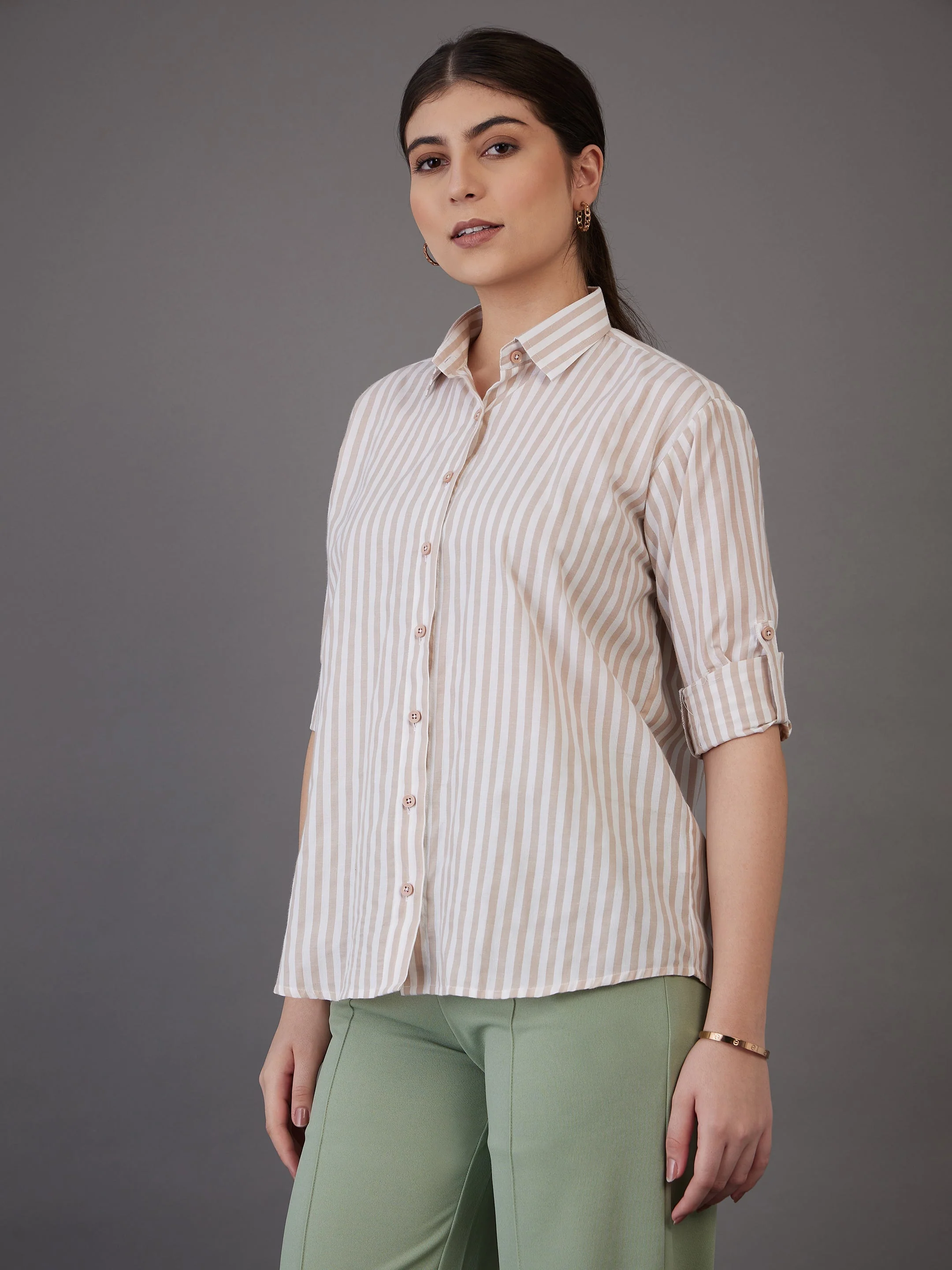 Women Brown Stripes Regular Fit Shirt - Image 3