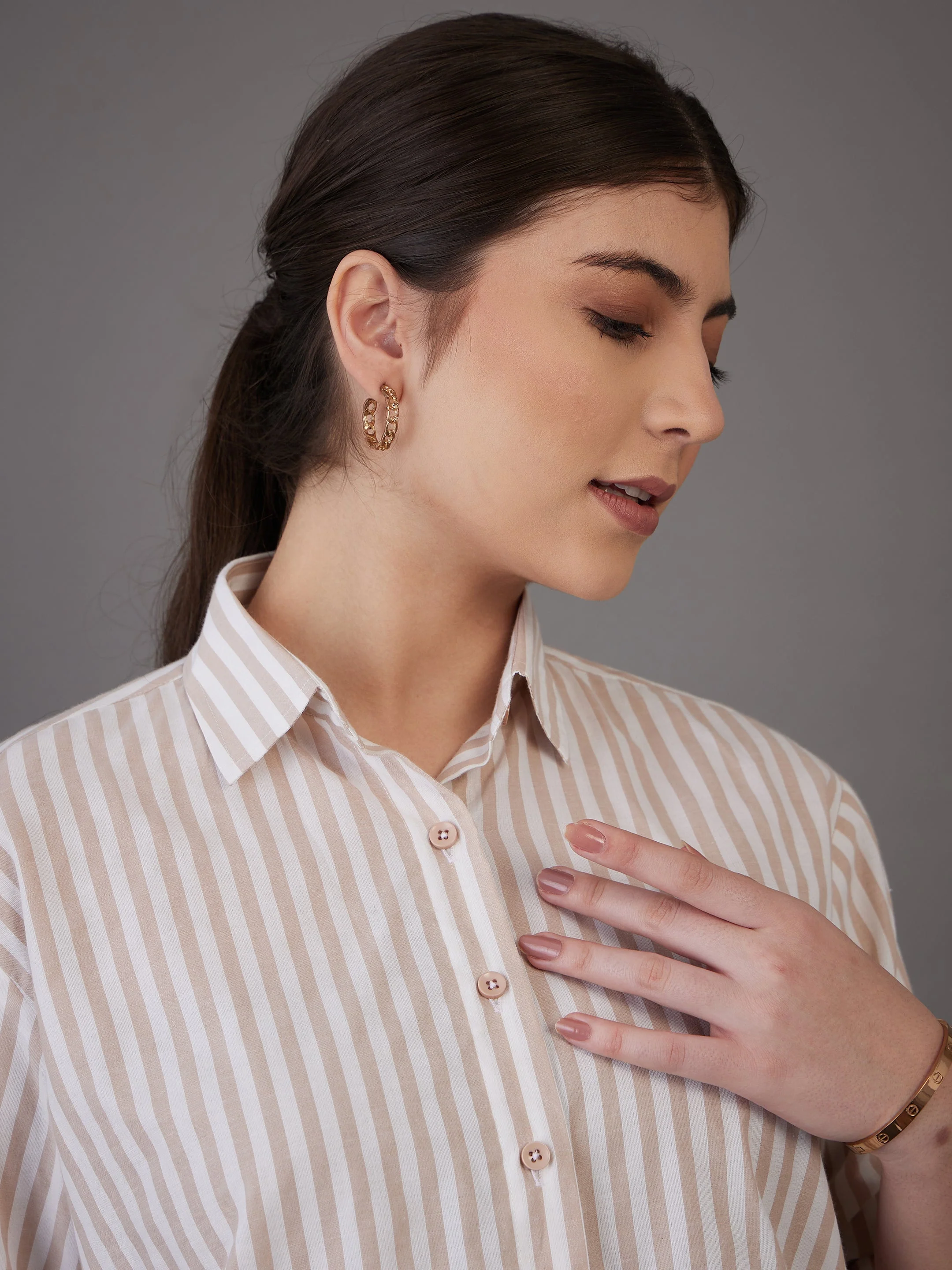 Women Brown Stripes Regular Fit Shirt - Image 4