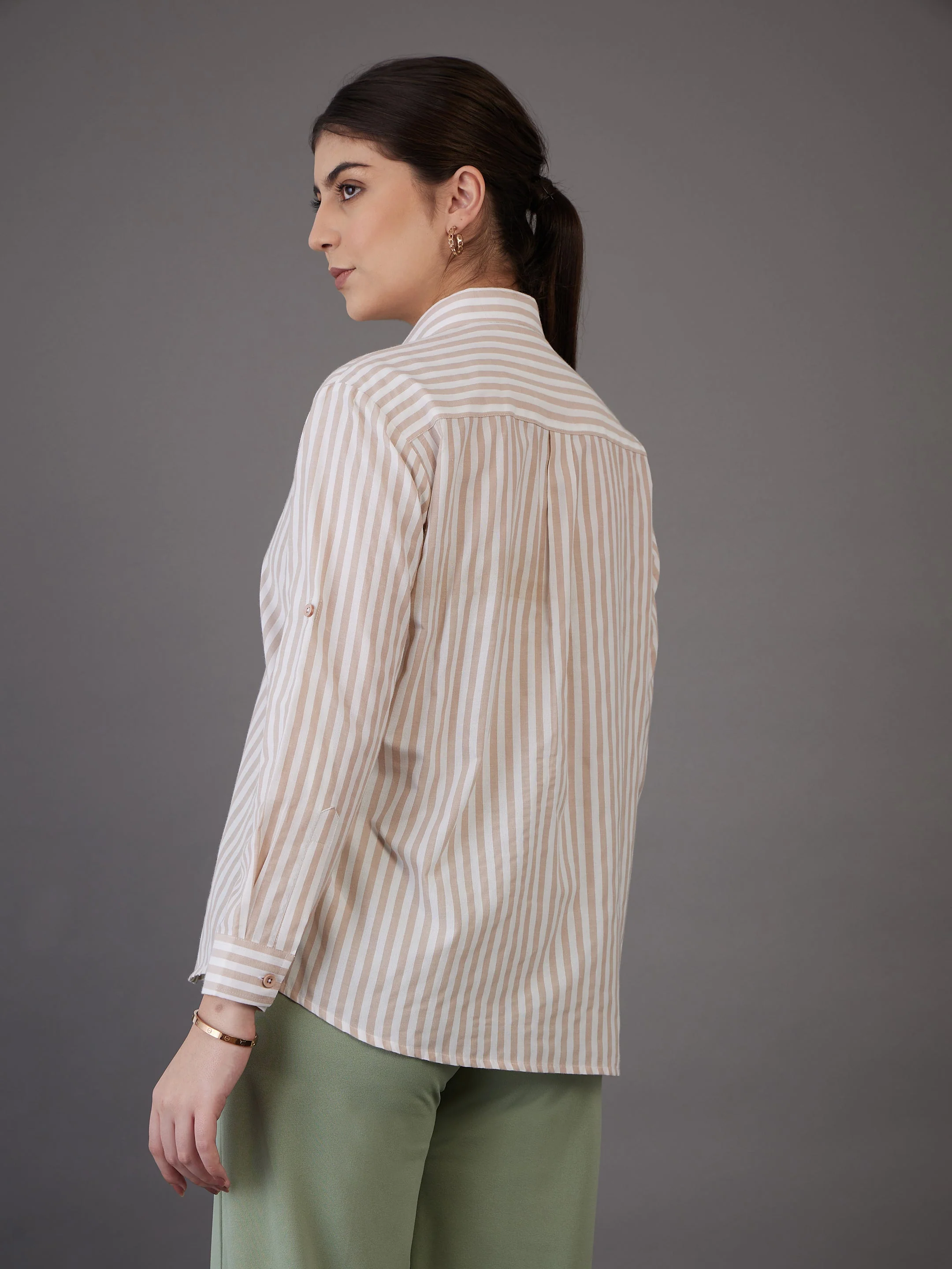 Women Brown Stripes Regular Fit Shirt - Image 5