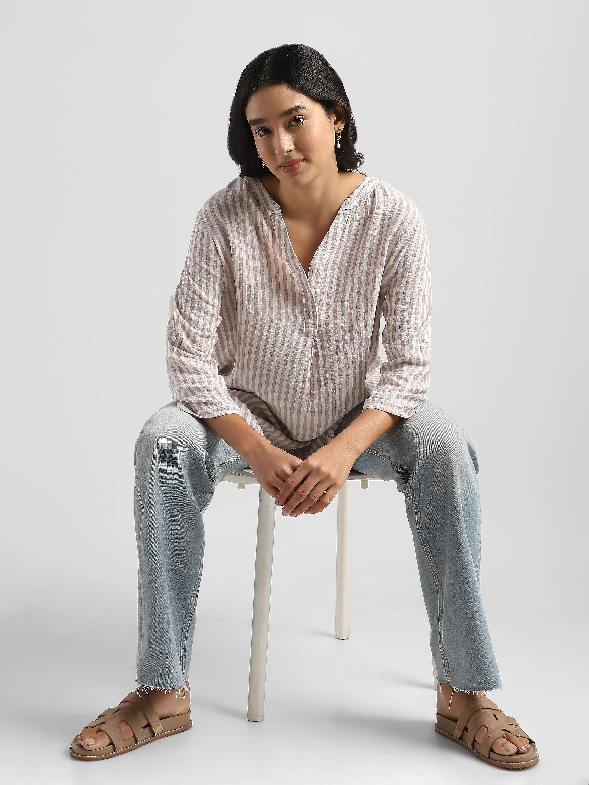 Women  Striped High-Low Hem Cotton Blend Top - Image 3