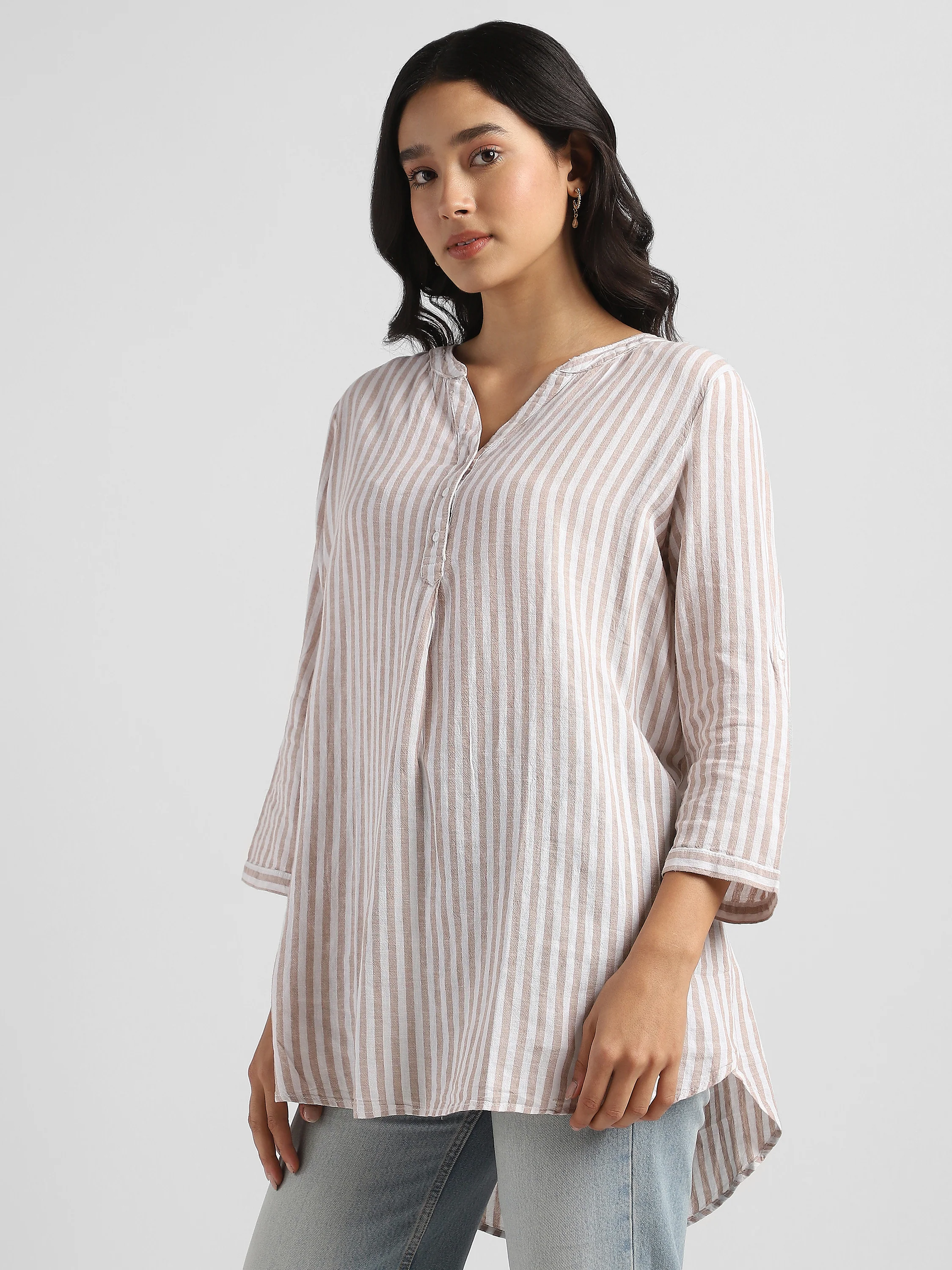 Women  Striped High-Low Hem Cotton Blend Top - Image 5