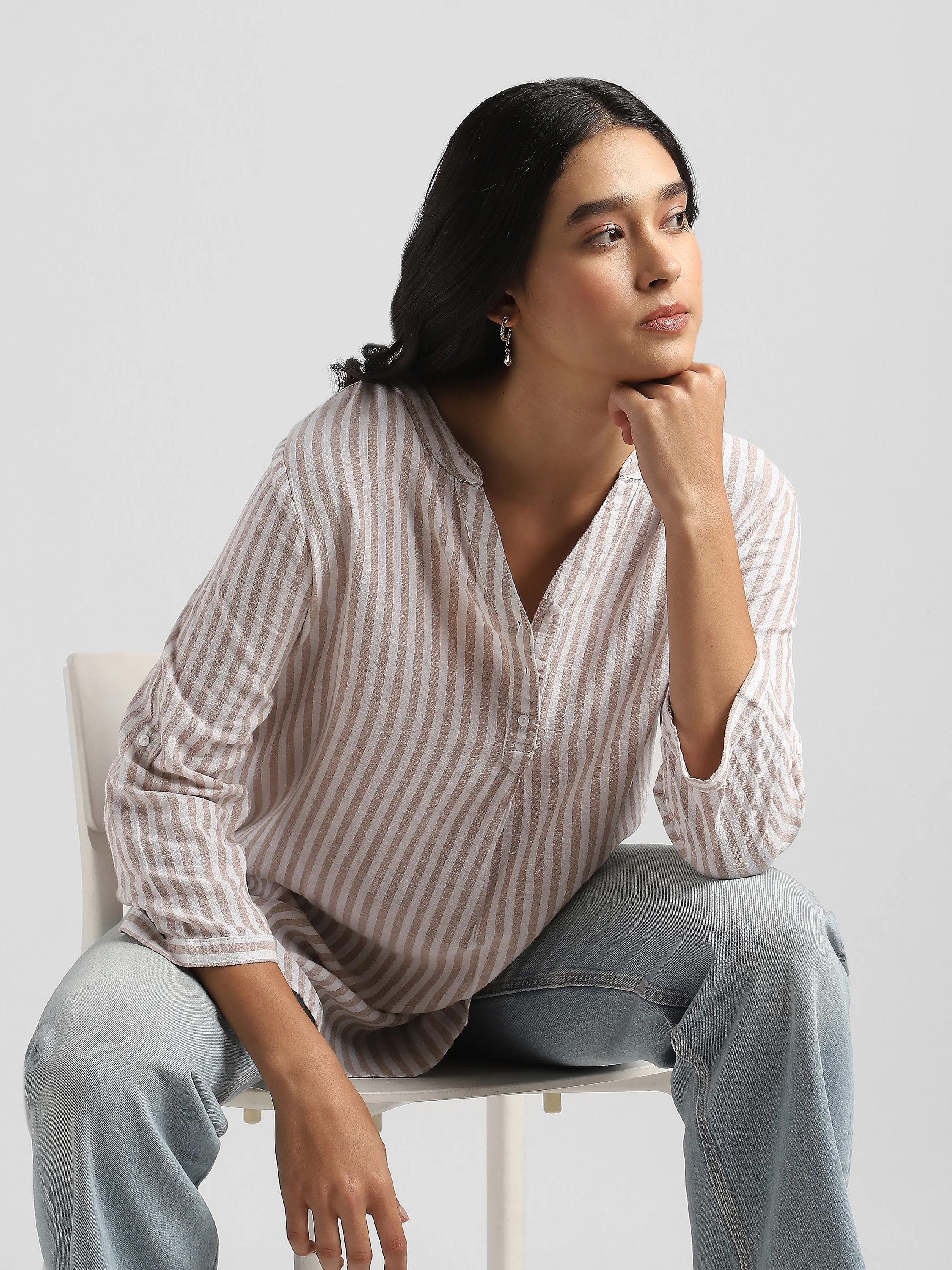 Women  Striped High-Low Hem Cotton Blend Top - Image 7