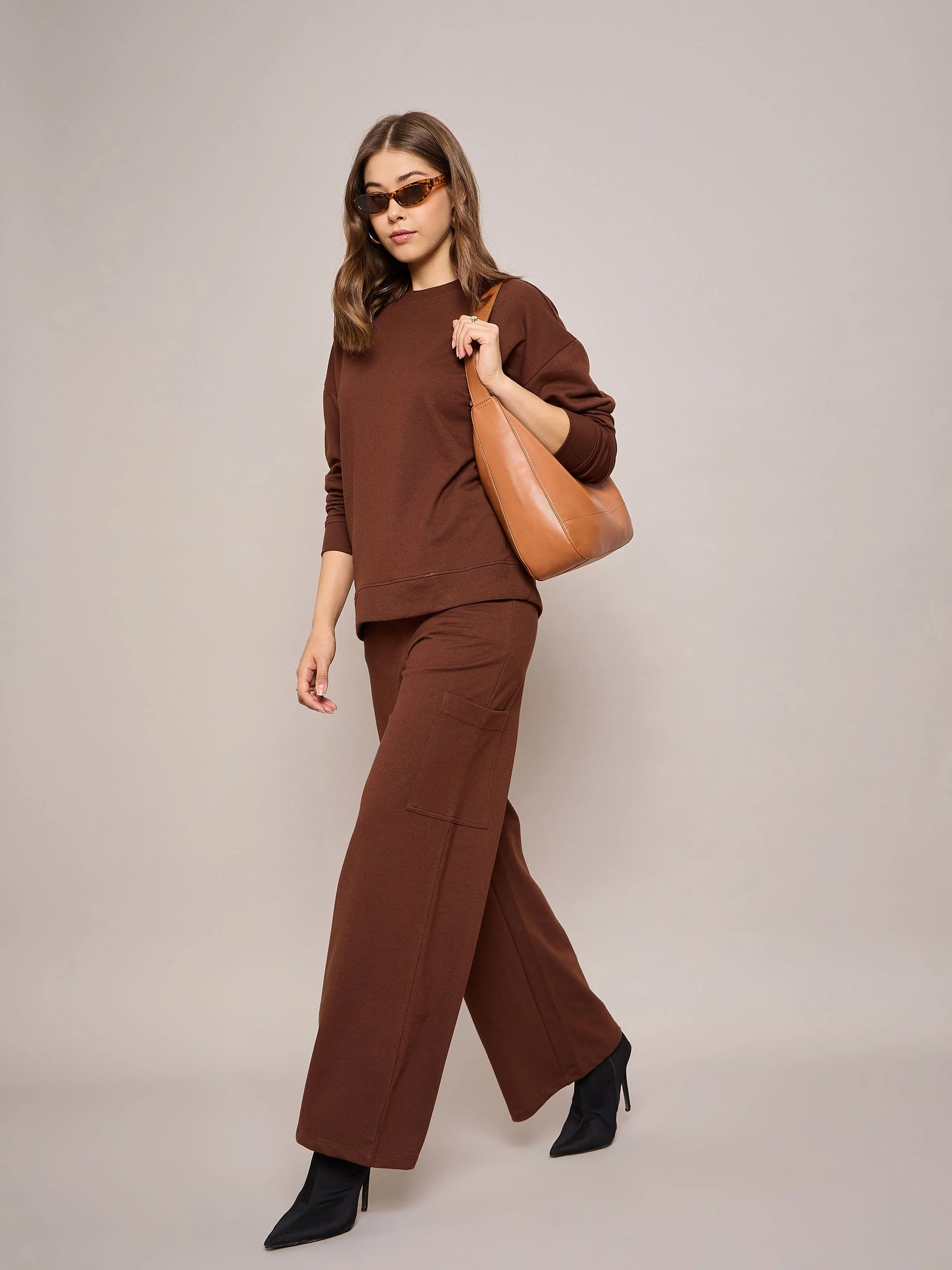 Women Brown Terry Wide Leg Track Pants - Image 2