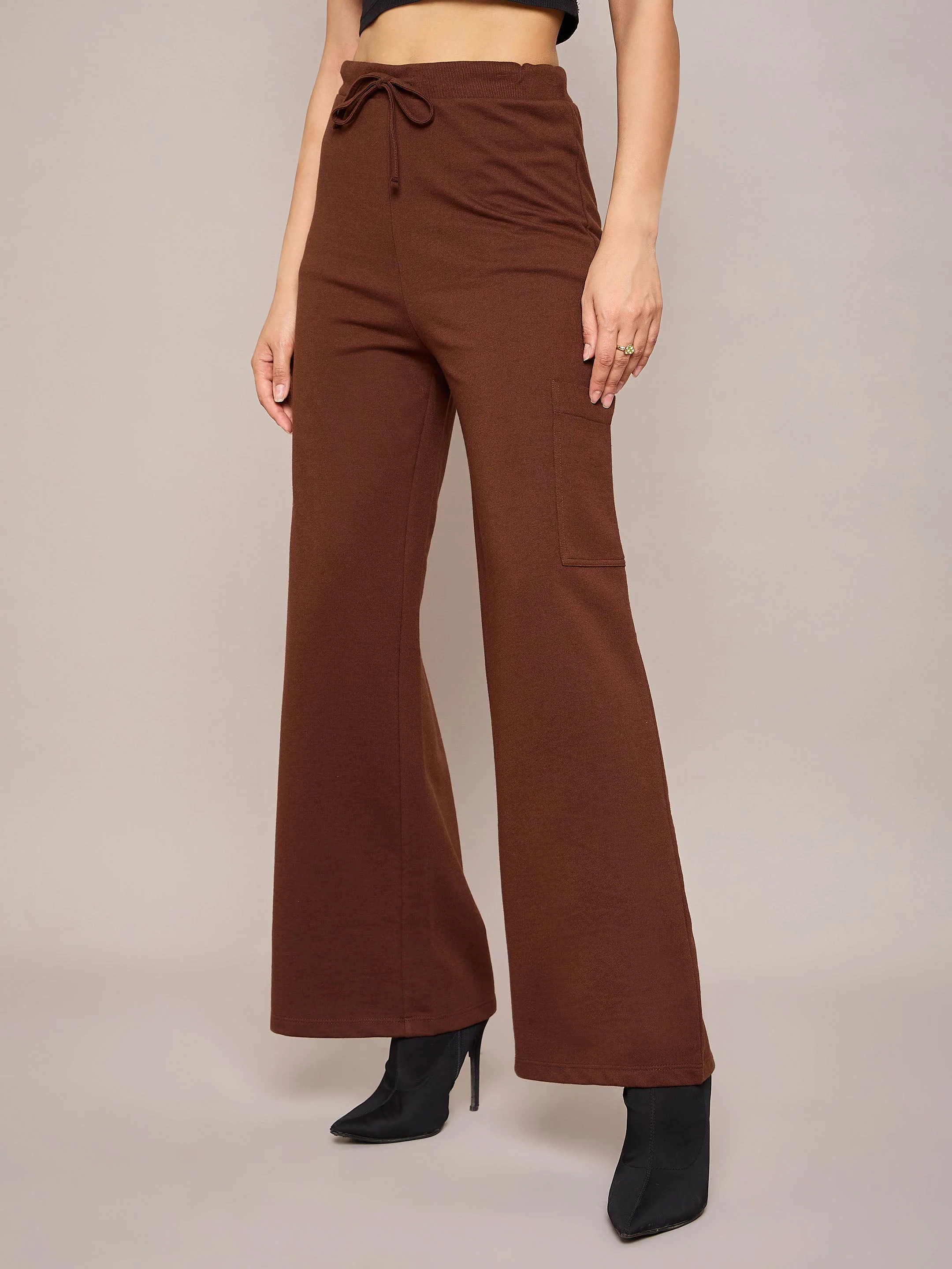 Women Brown Terry Wide Leg Track Pants - Image 3