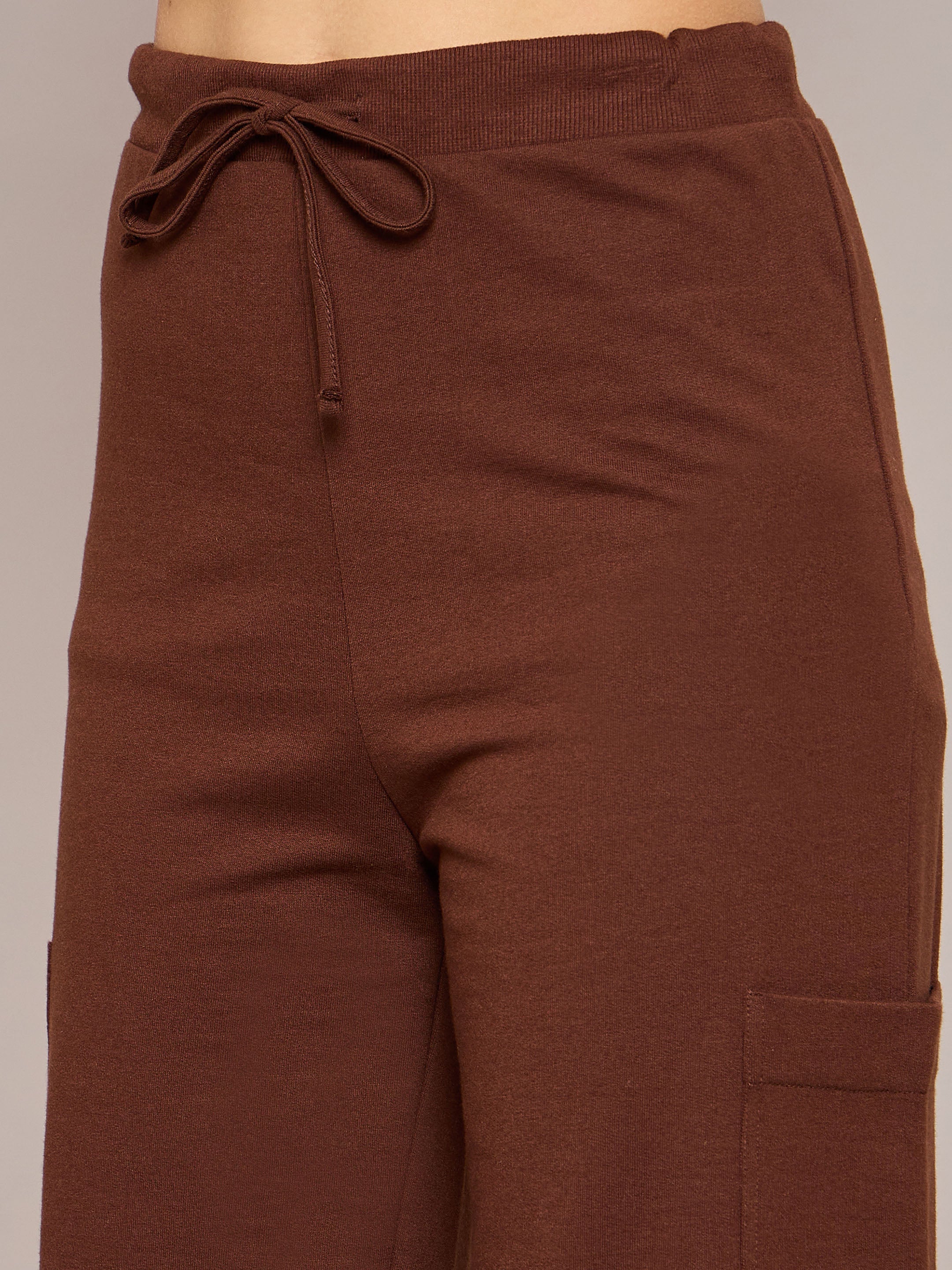 Women Brown Terry Wide Leg Track Pants - Image 4