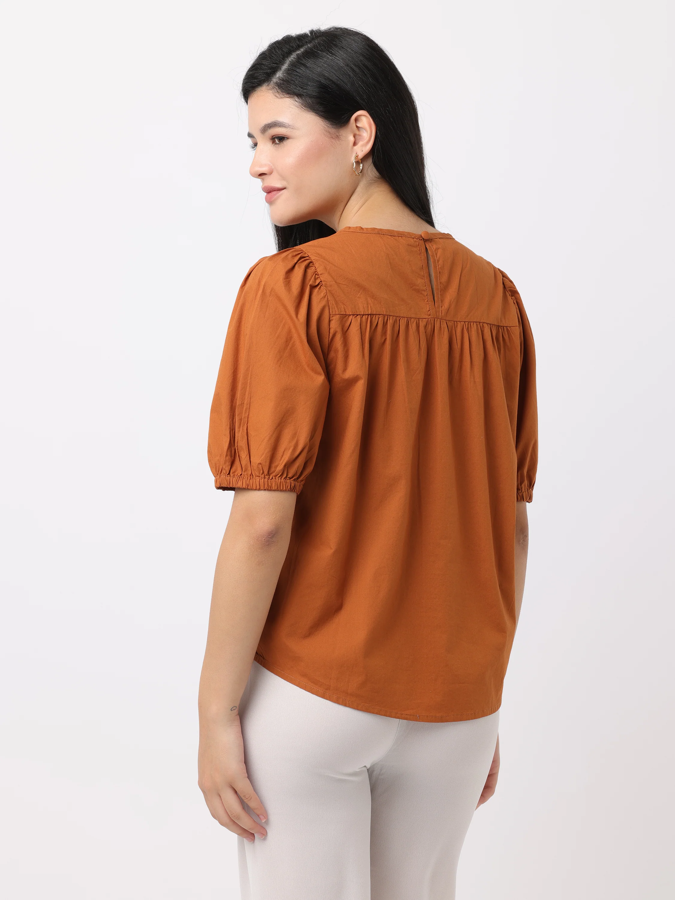 Women Brown Relaxed Fit Top with Schiffli Yoke - Image 2
