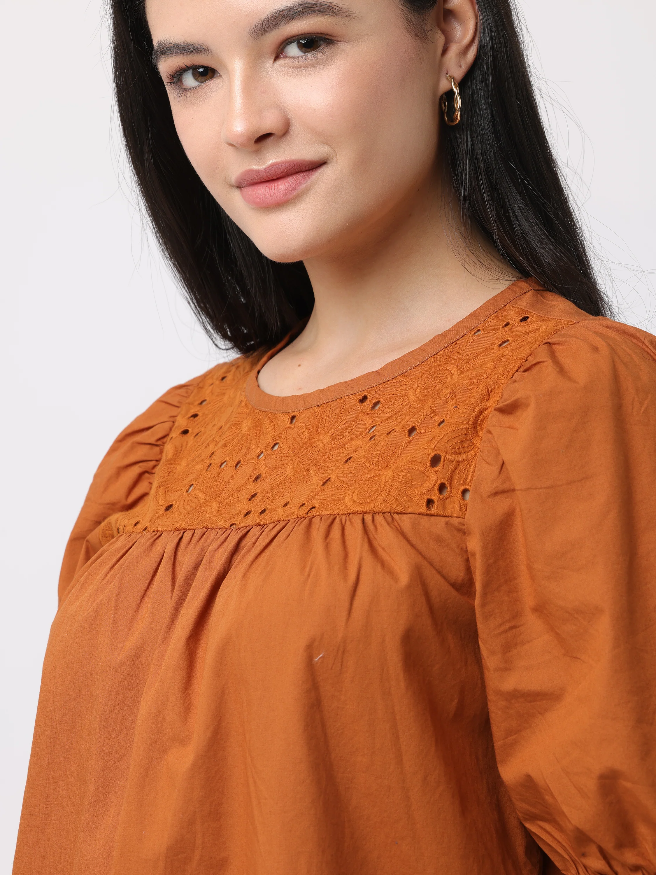 Women Brown Relaxed Fit Top with Schiffli Yoke - Image 3