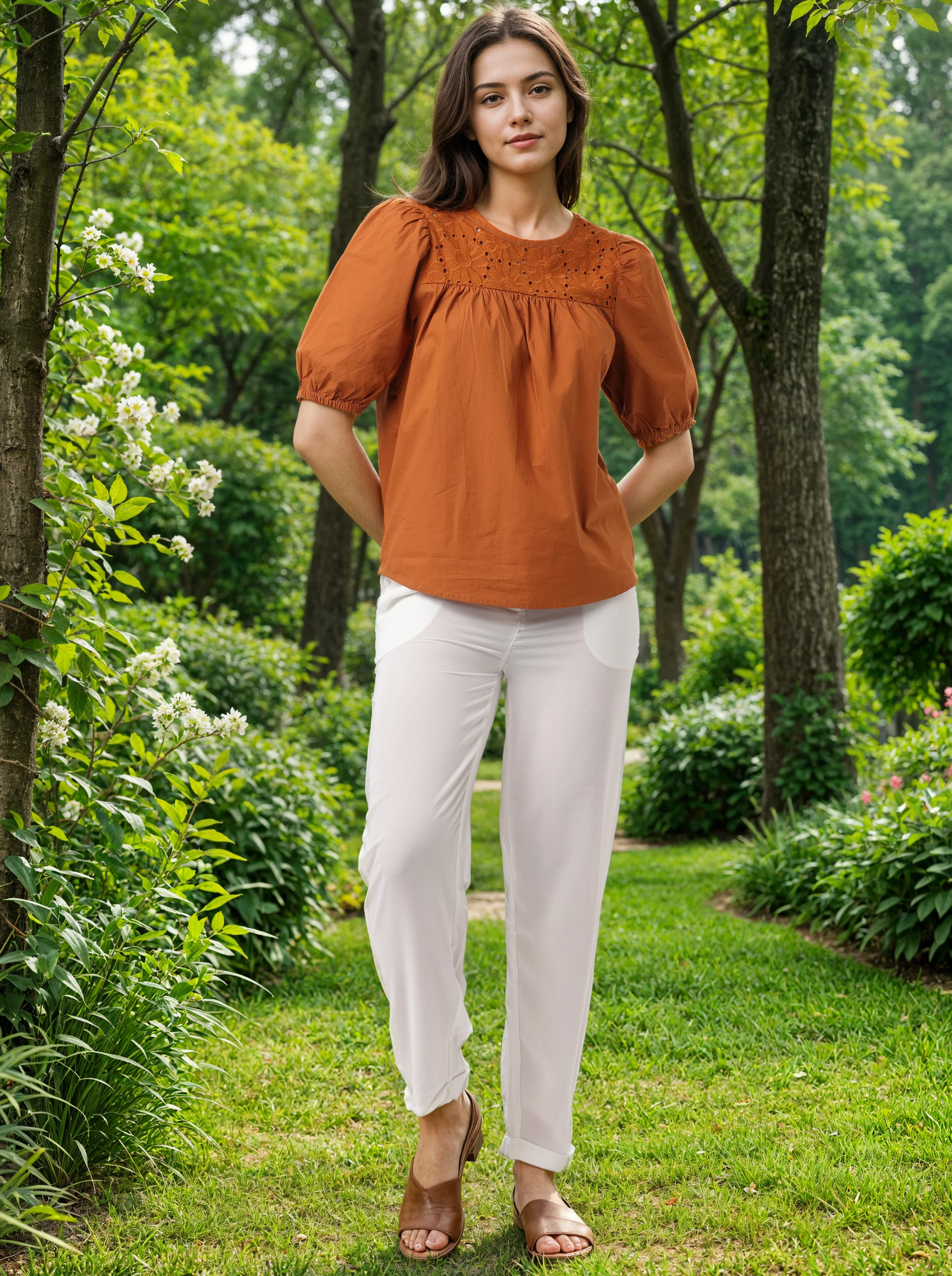 Women Brown Relaxed Fit Top with Schiffli Yoke - Image 5