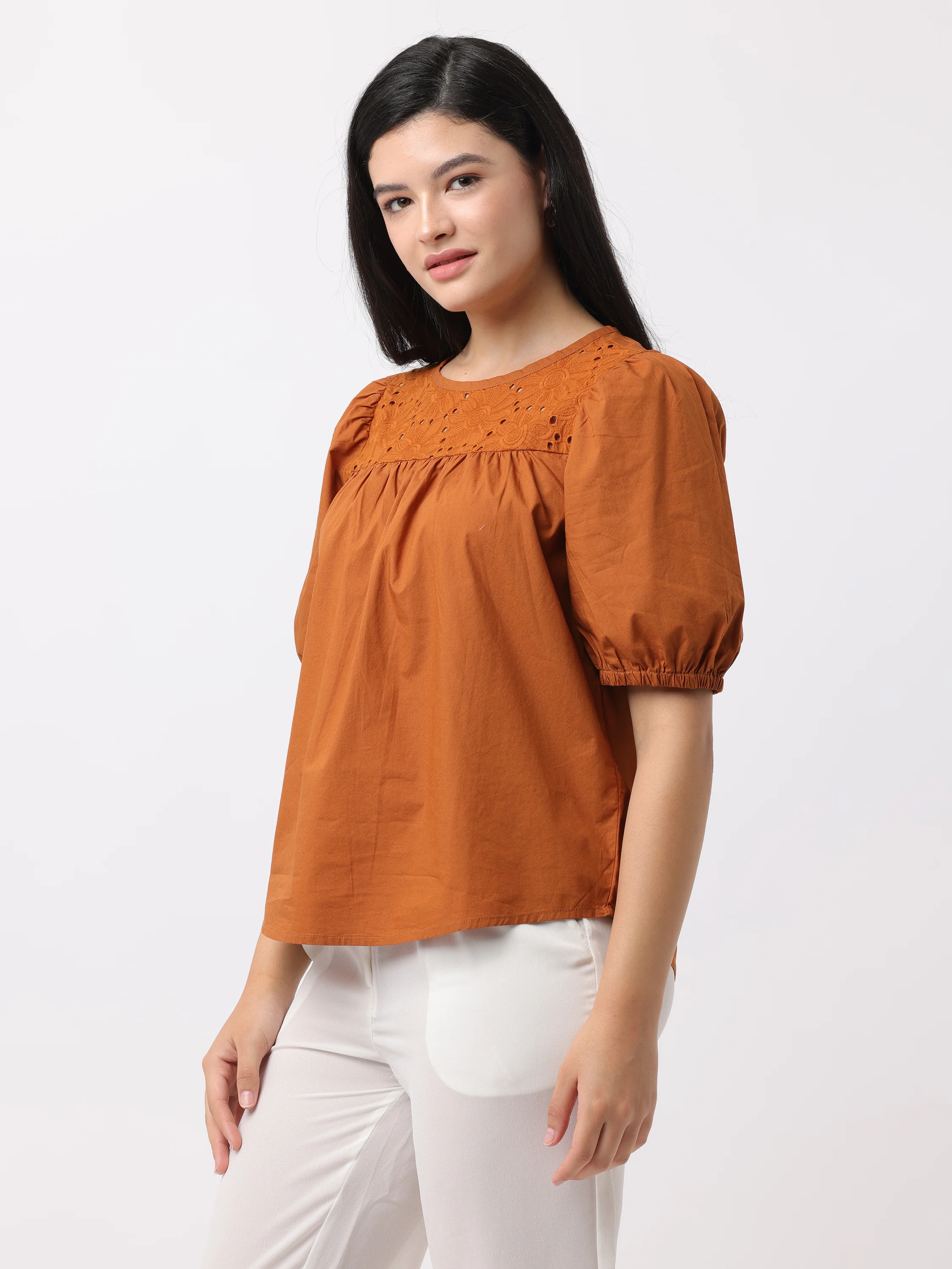 Women Brown Relaxed Fit Top with Schiffli Yoke - Image 6