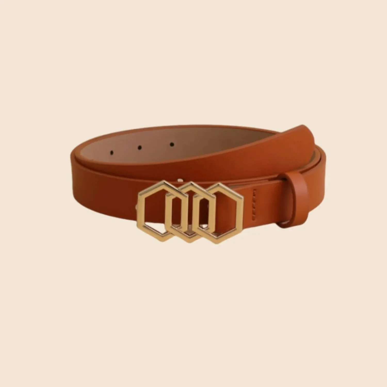 Women Brown Triple Hexagon Buckle Cognac Belt - Image 2