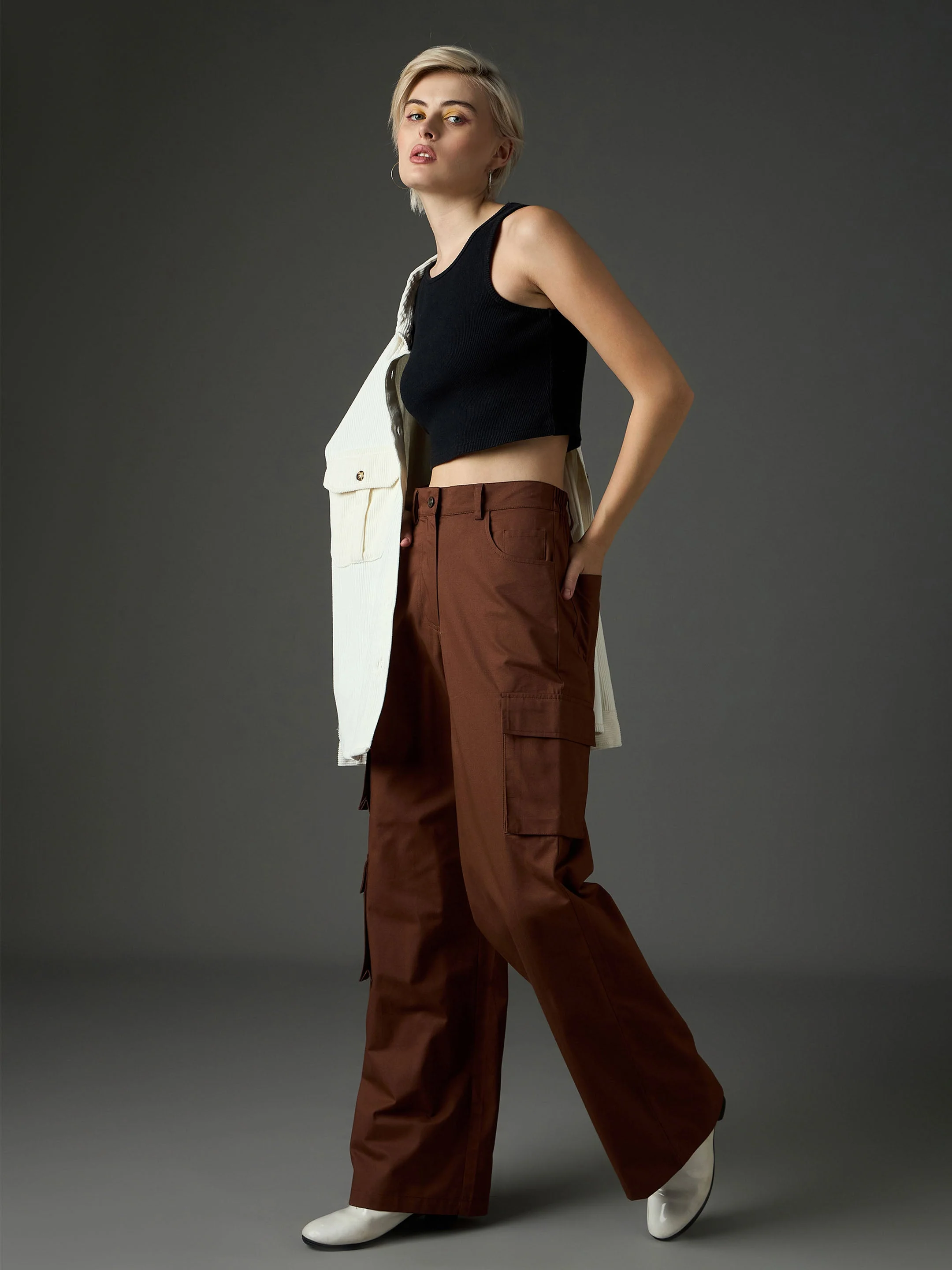 Women Brown Twill Box Pocket Straight Cargo Pants - Image 2