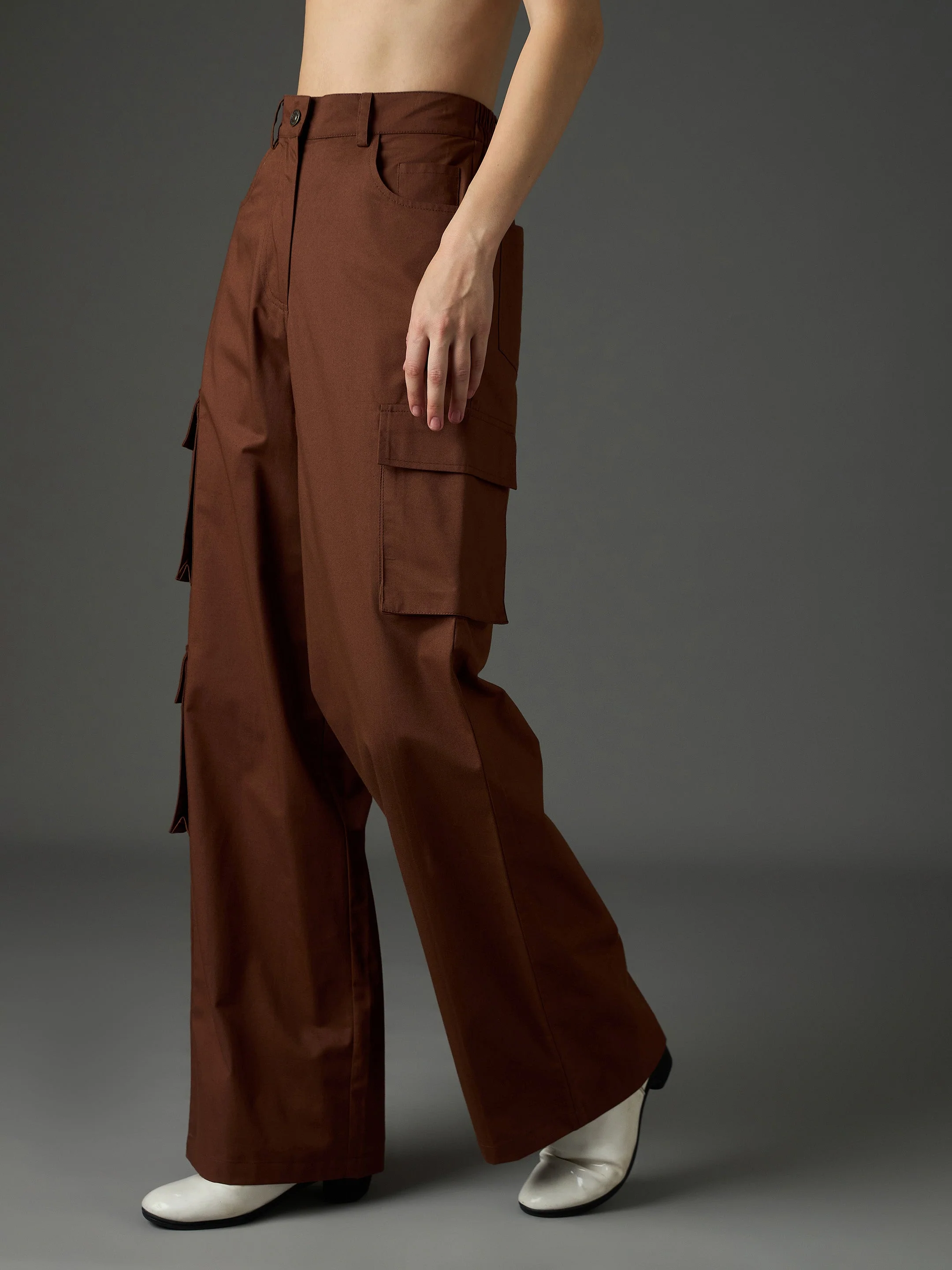 Women Brown Twill Box Pocket Straight Cargo Pants - Image 3