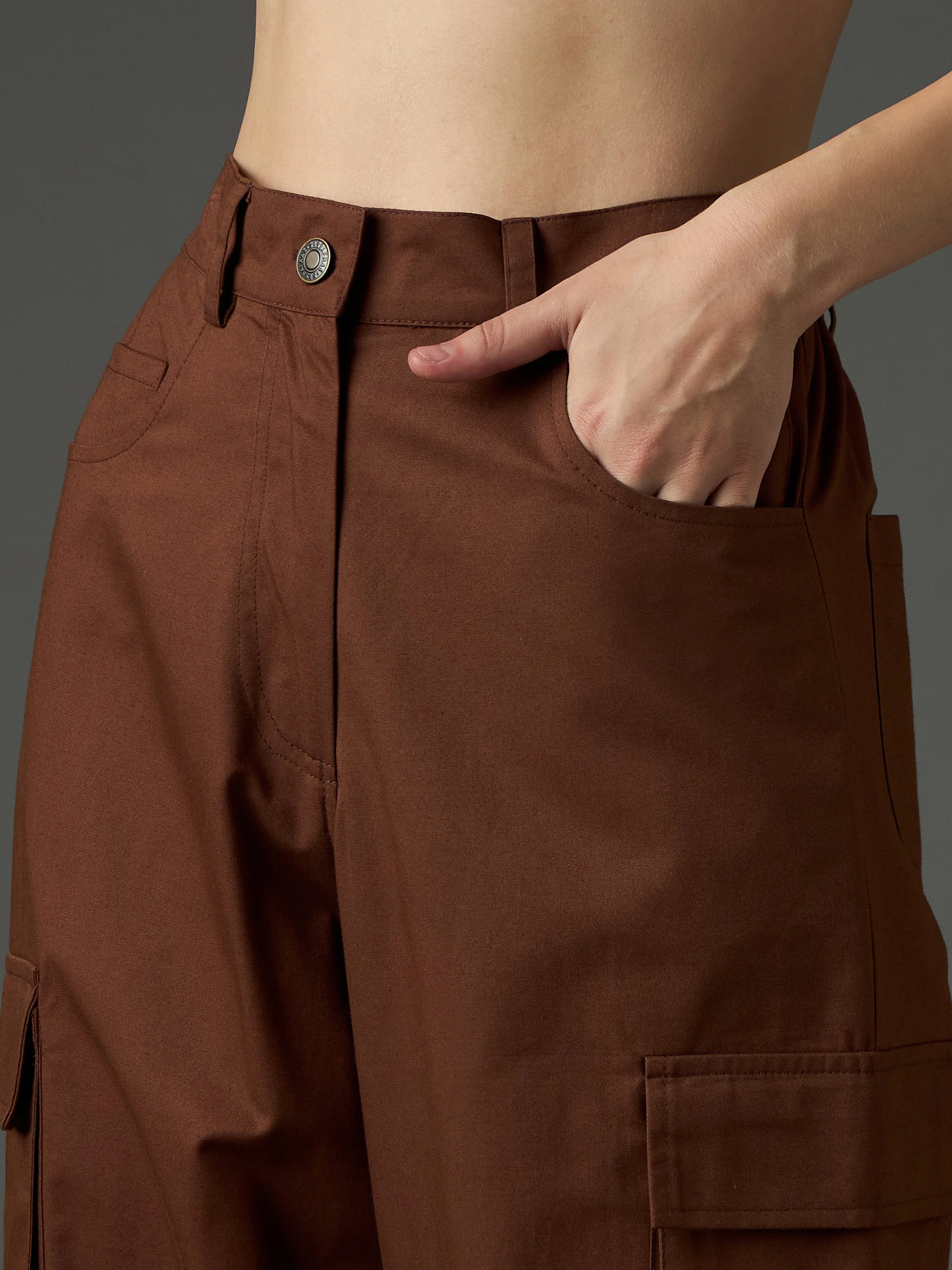 Women Brown Twill Box Pocket Straight Cargo Pants - Image 4