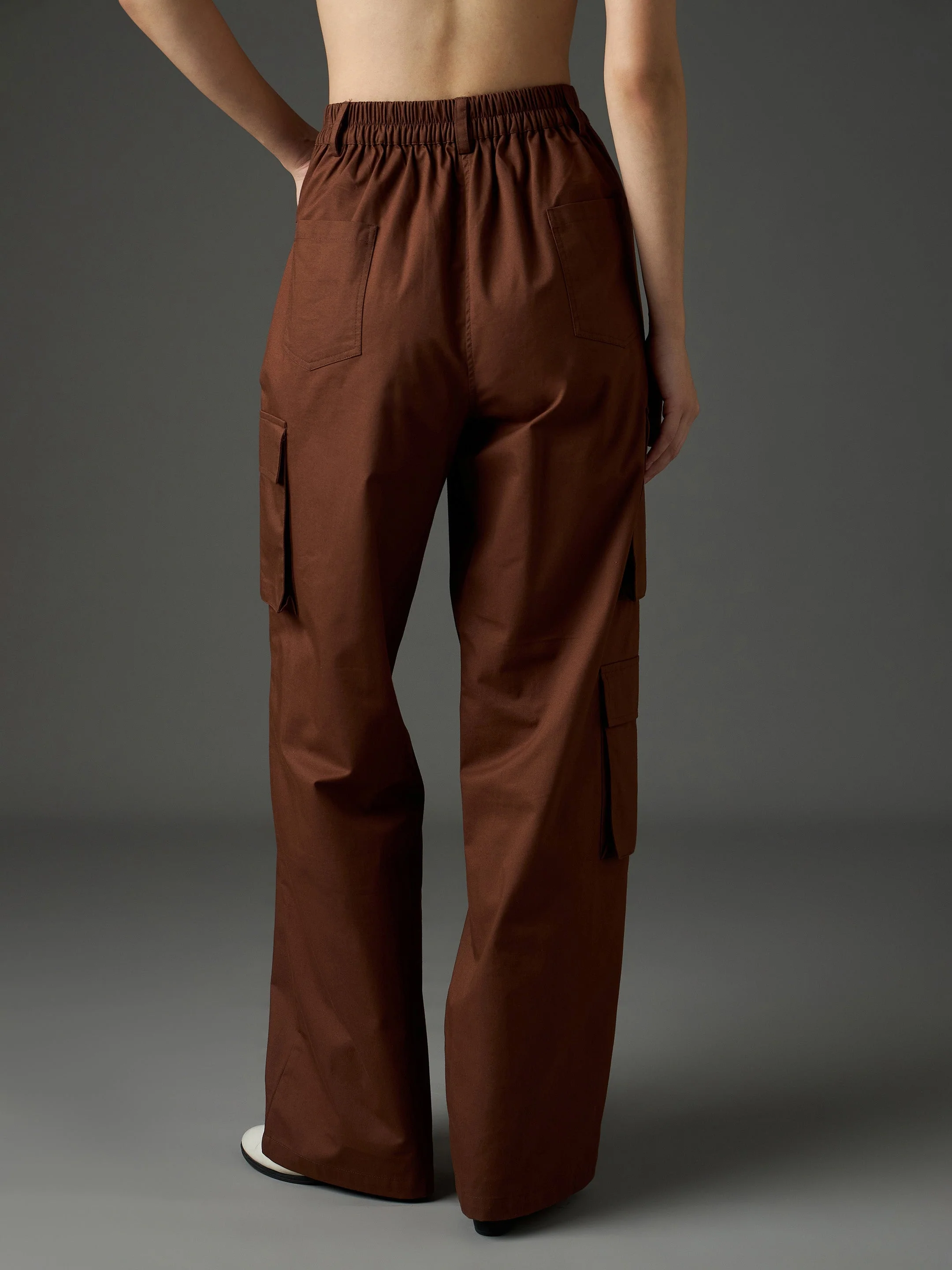 Women Brown Twill Box Pocket Straight Cargo Pants - Image 5