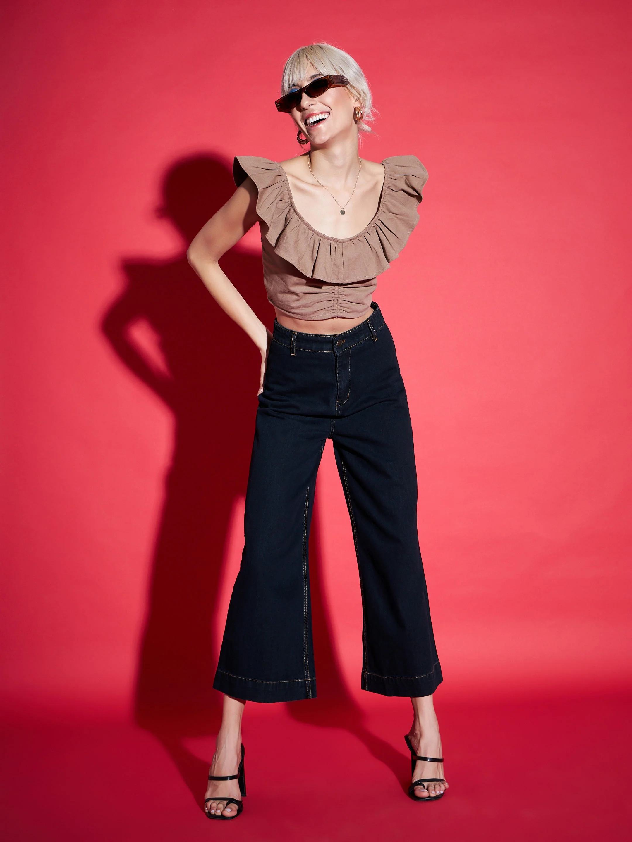Women Brown Twill Ruffle Crop Top - Image 2