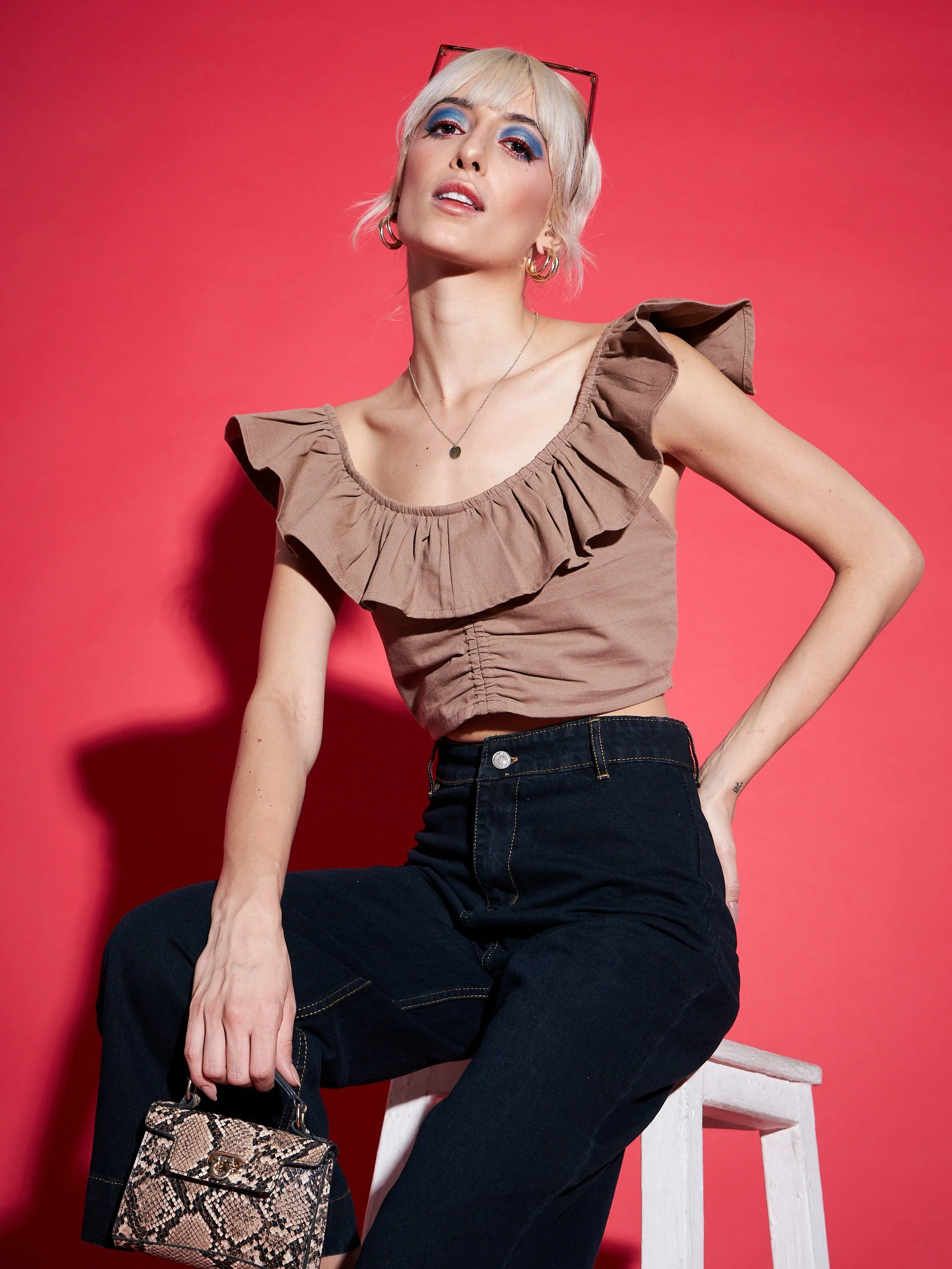 Women Brown Twill Ruffle Crop Top - Image 3