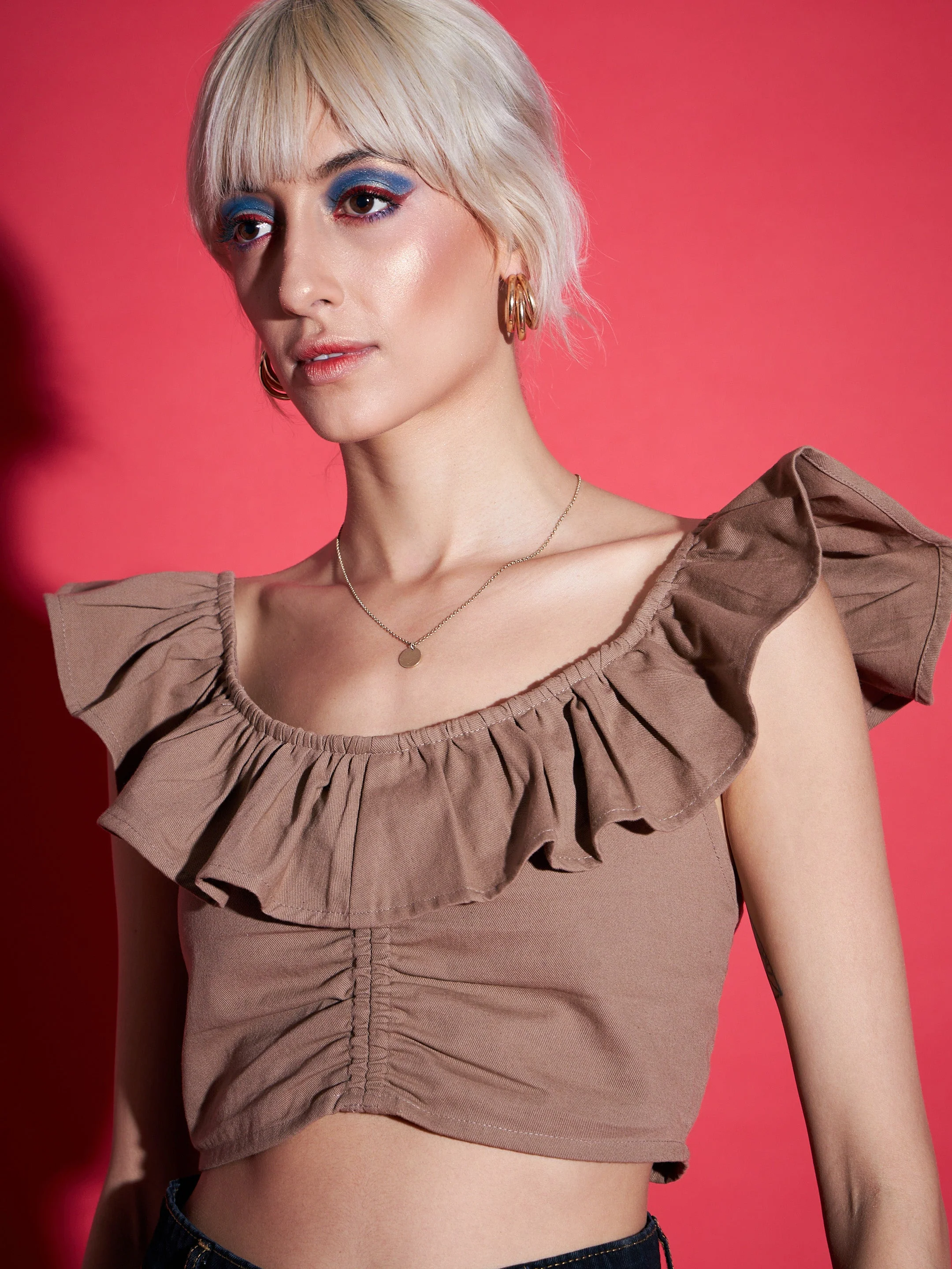 Women Brown Twill Ruffle Crop Top - Image 4