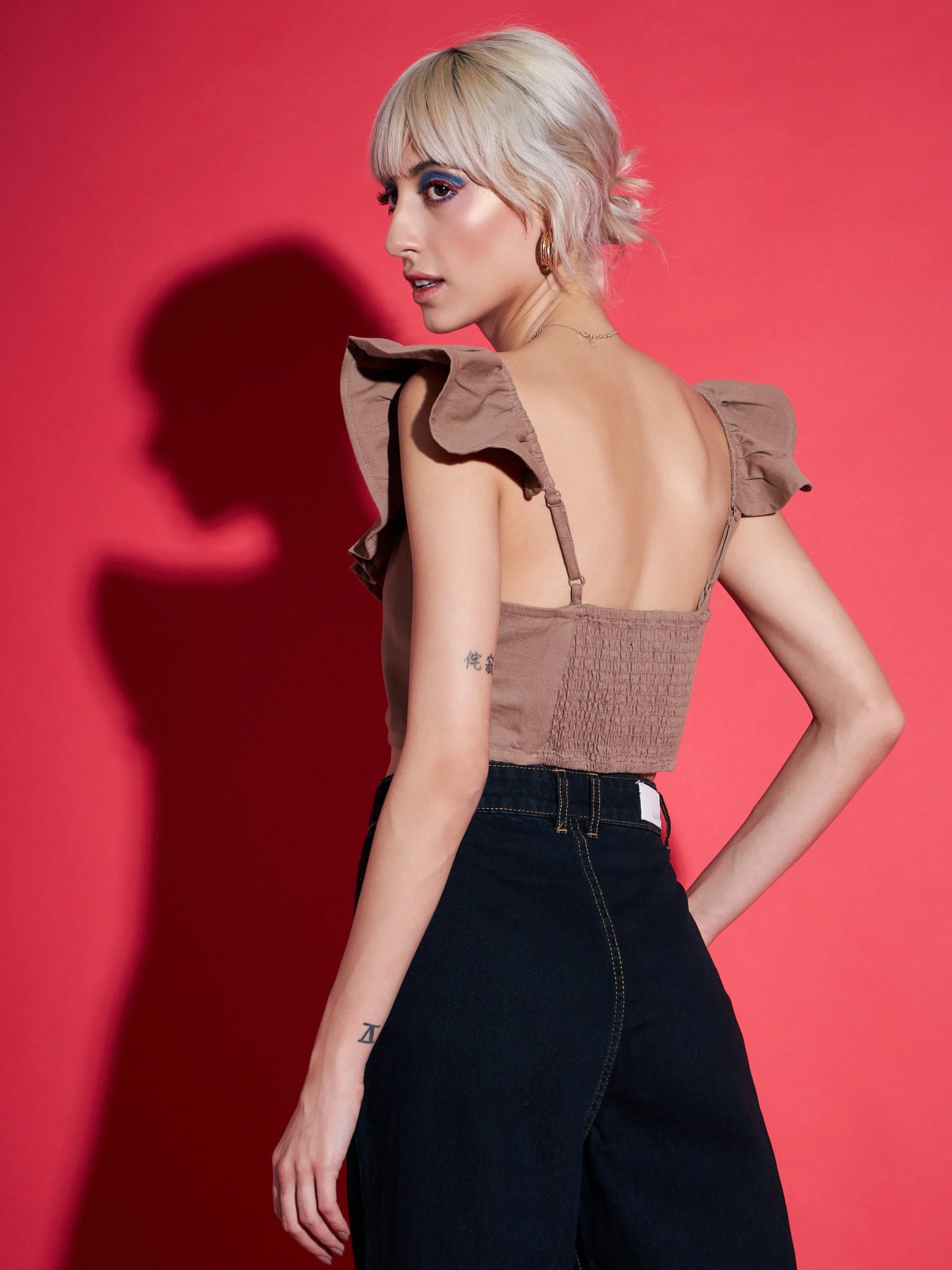 Women Brown Twill Ruffle Crop Top - Image 5