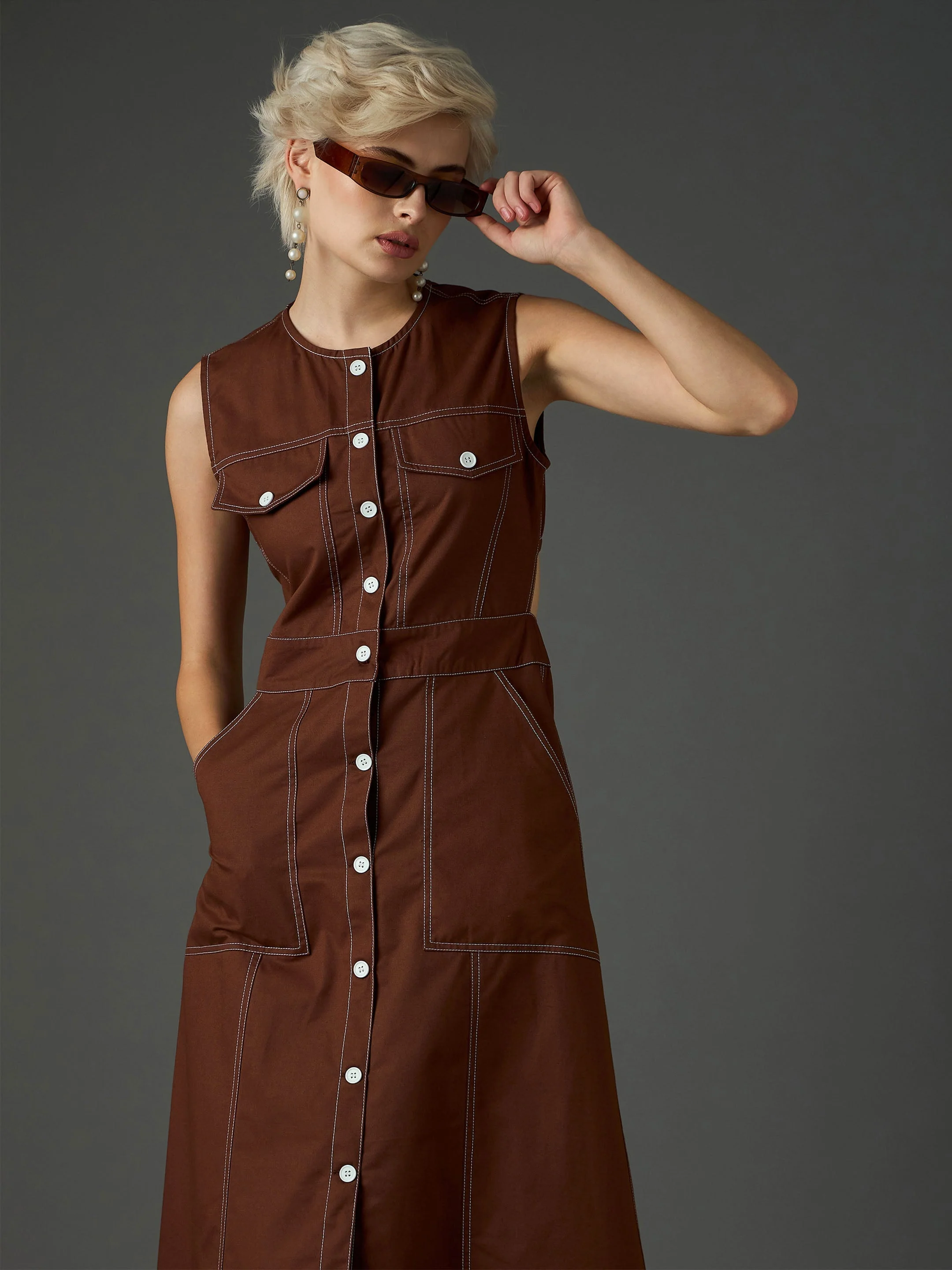 Women Brown Twill Waist Cut-Out Midi Dress - Image 2
