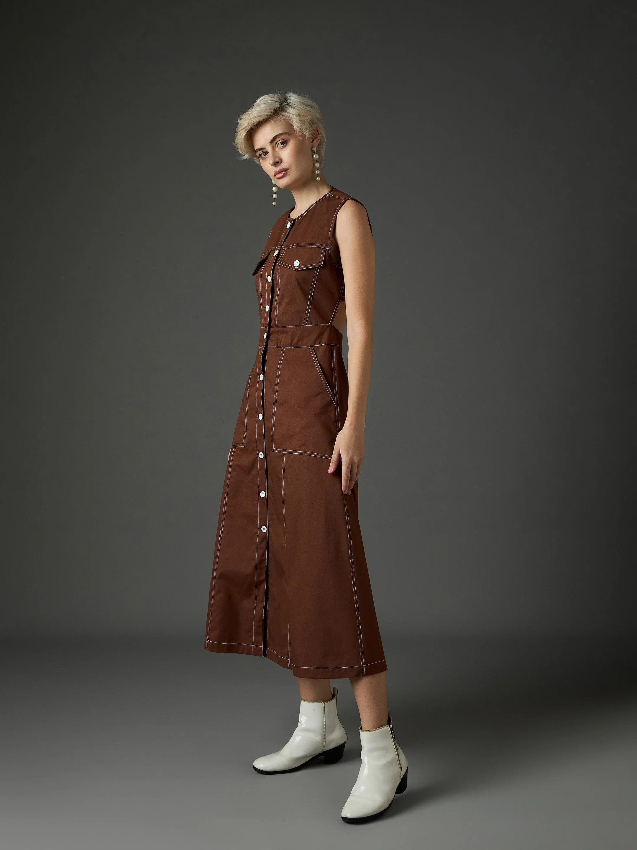 Women Brown Twill Waist Cut-Out Midi Dress - Image 3