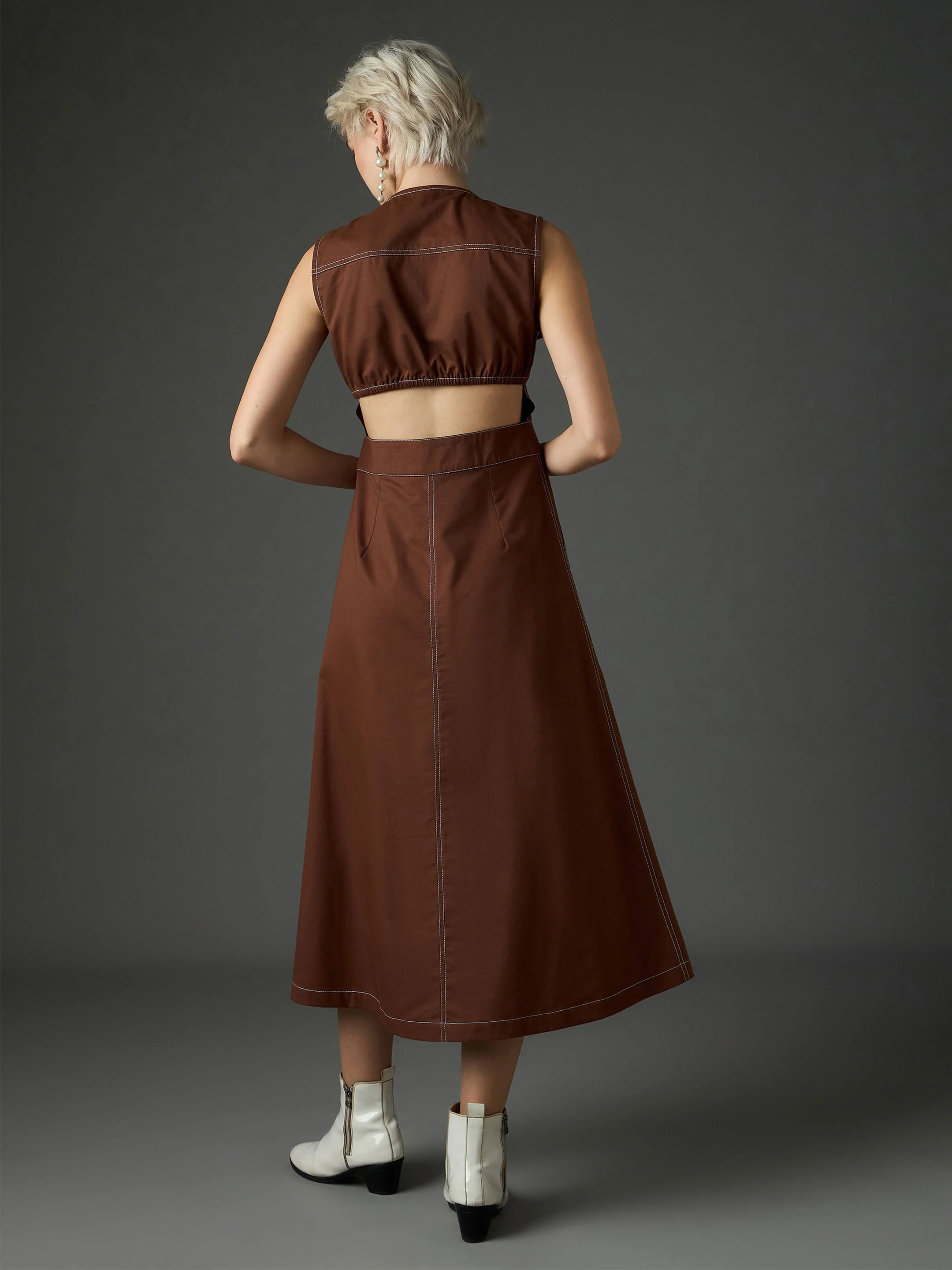 Women Brown Twill Waist Cut-Out Midi Dress - Image 5