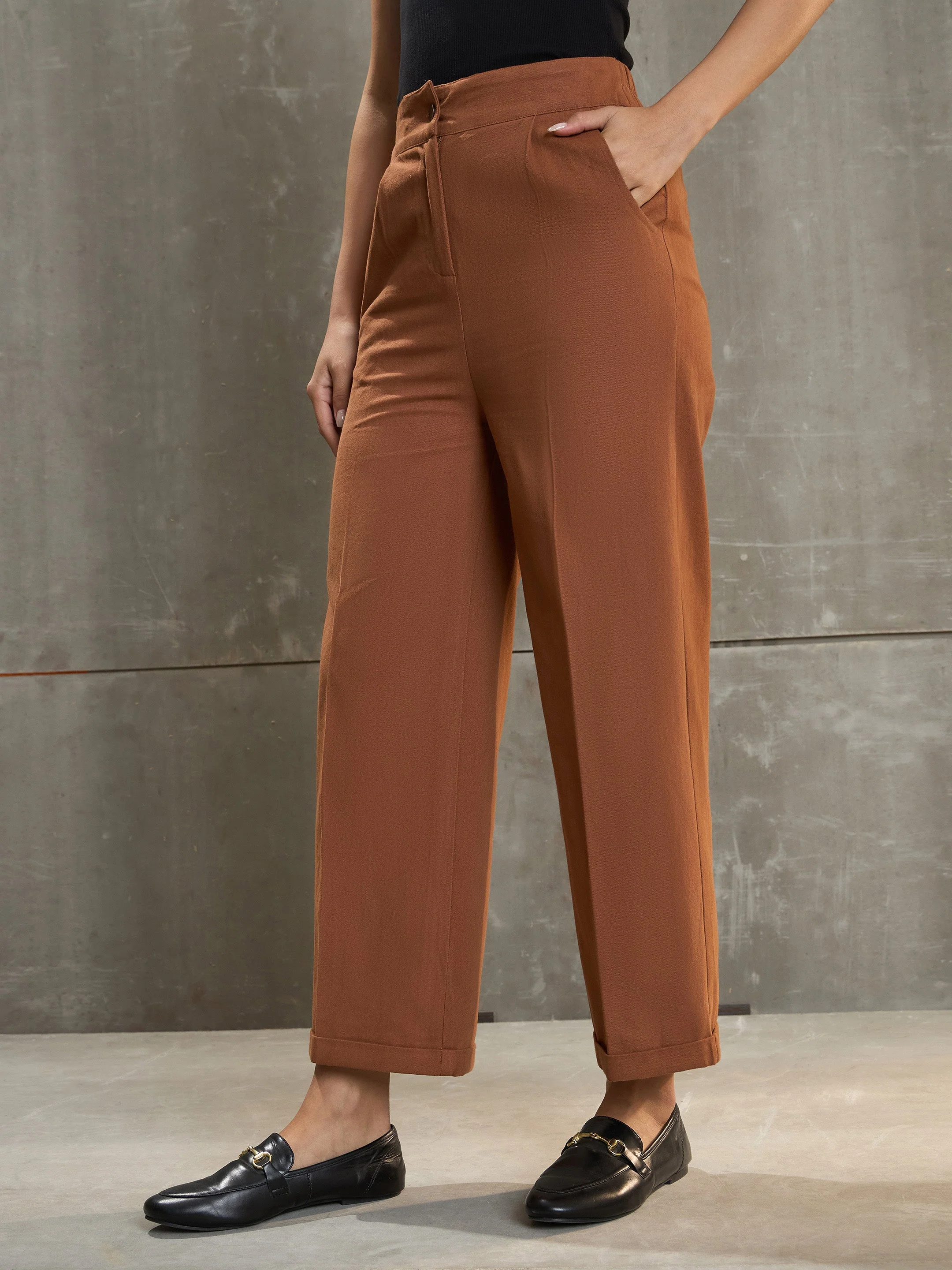 Women Brown Twill Wide Leg Pants - Image 3