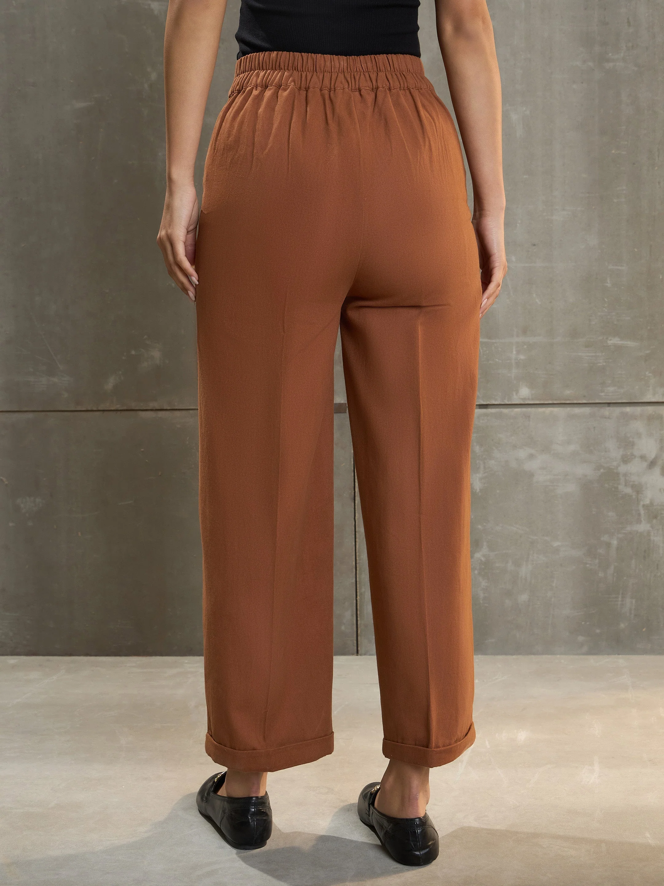 Women Brown Twill Wide Leg Pants - Image 5