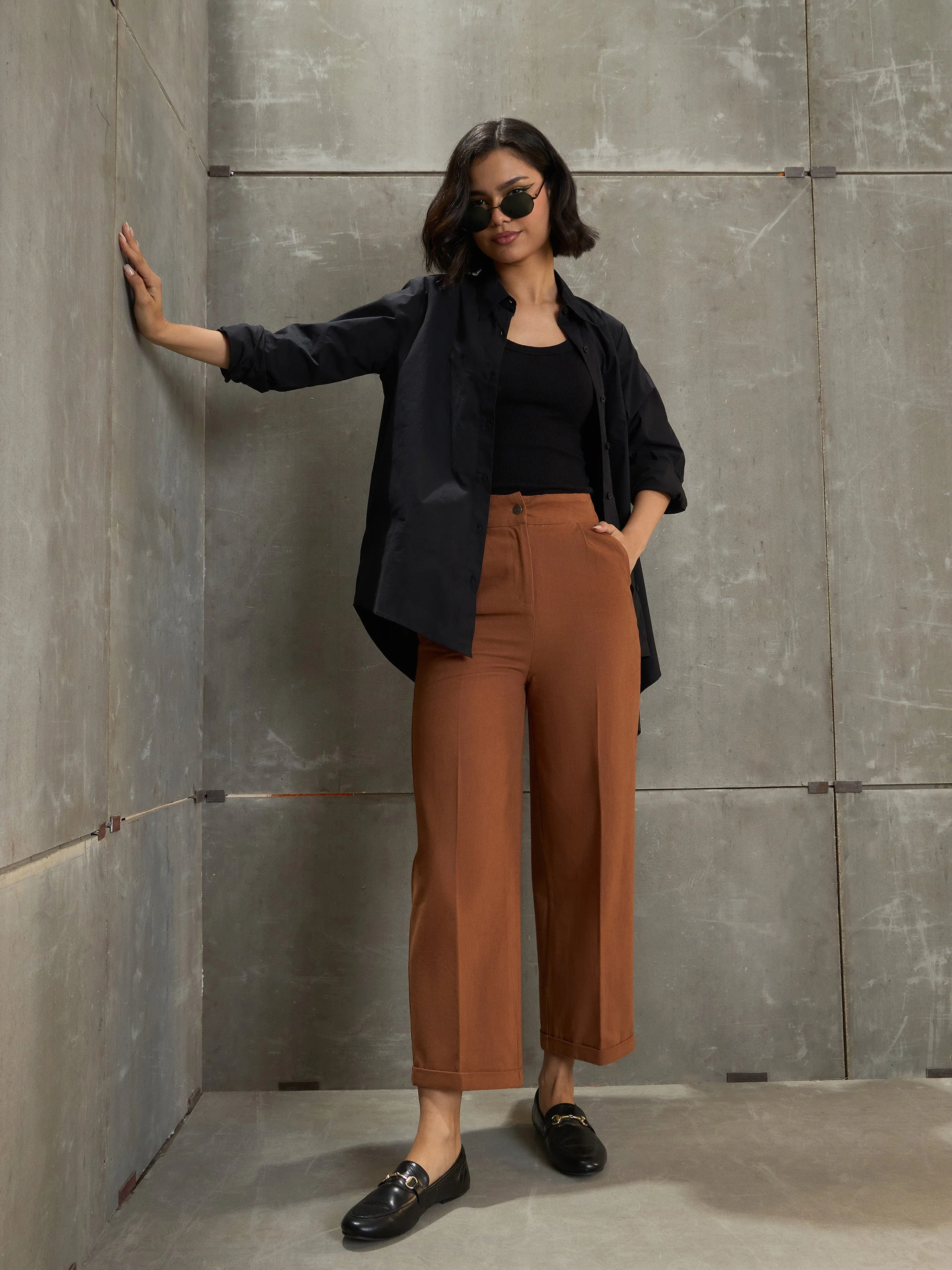 Women Brown Twill Wide Leg Pants - Image 6