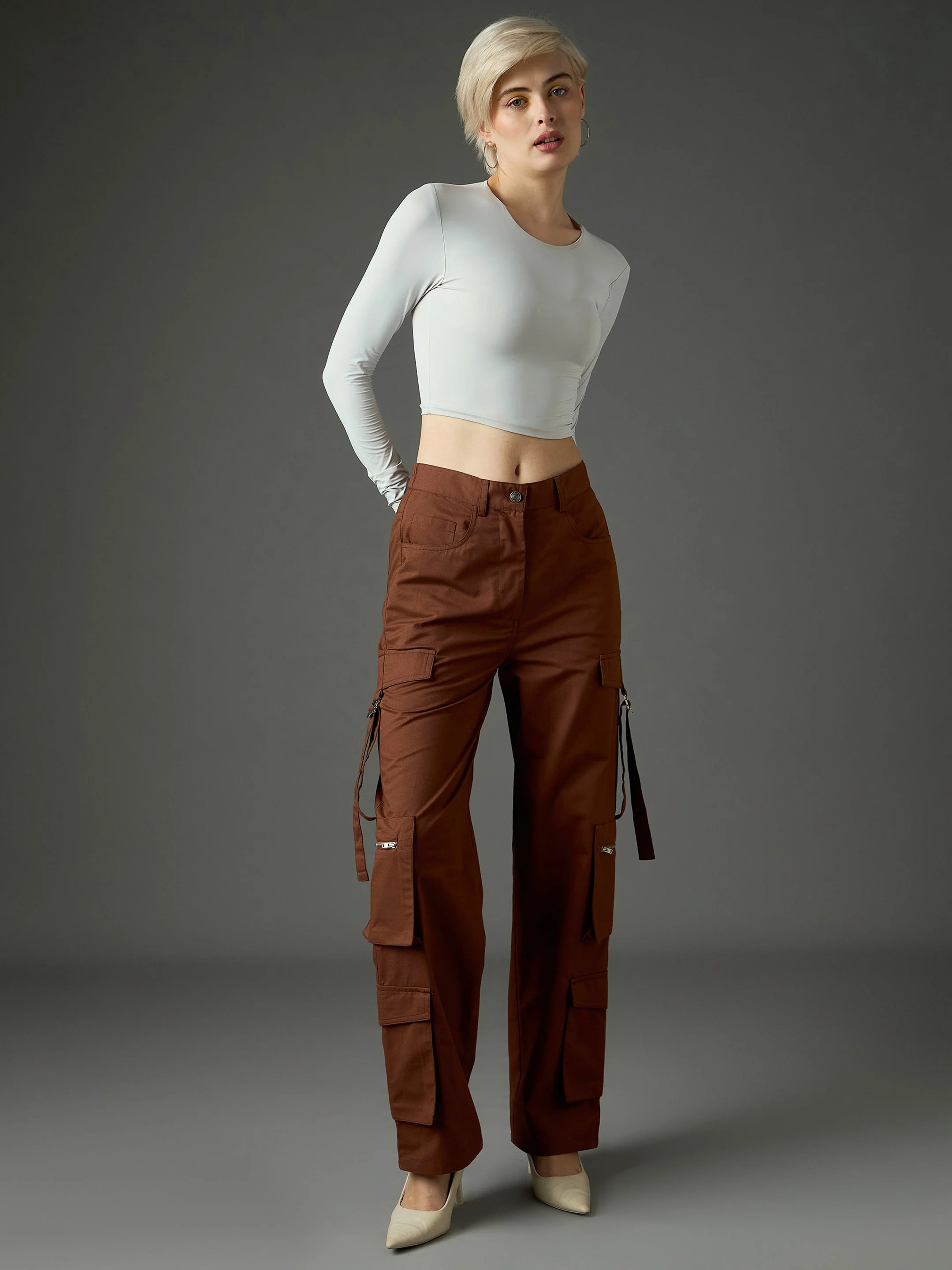 Women Brown Twill Zipper Pocket Cargo Straight Pants - Image 2