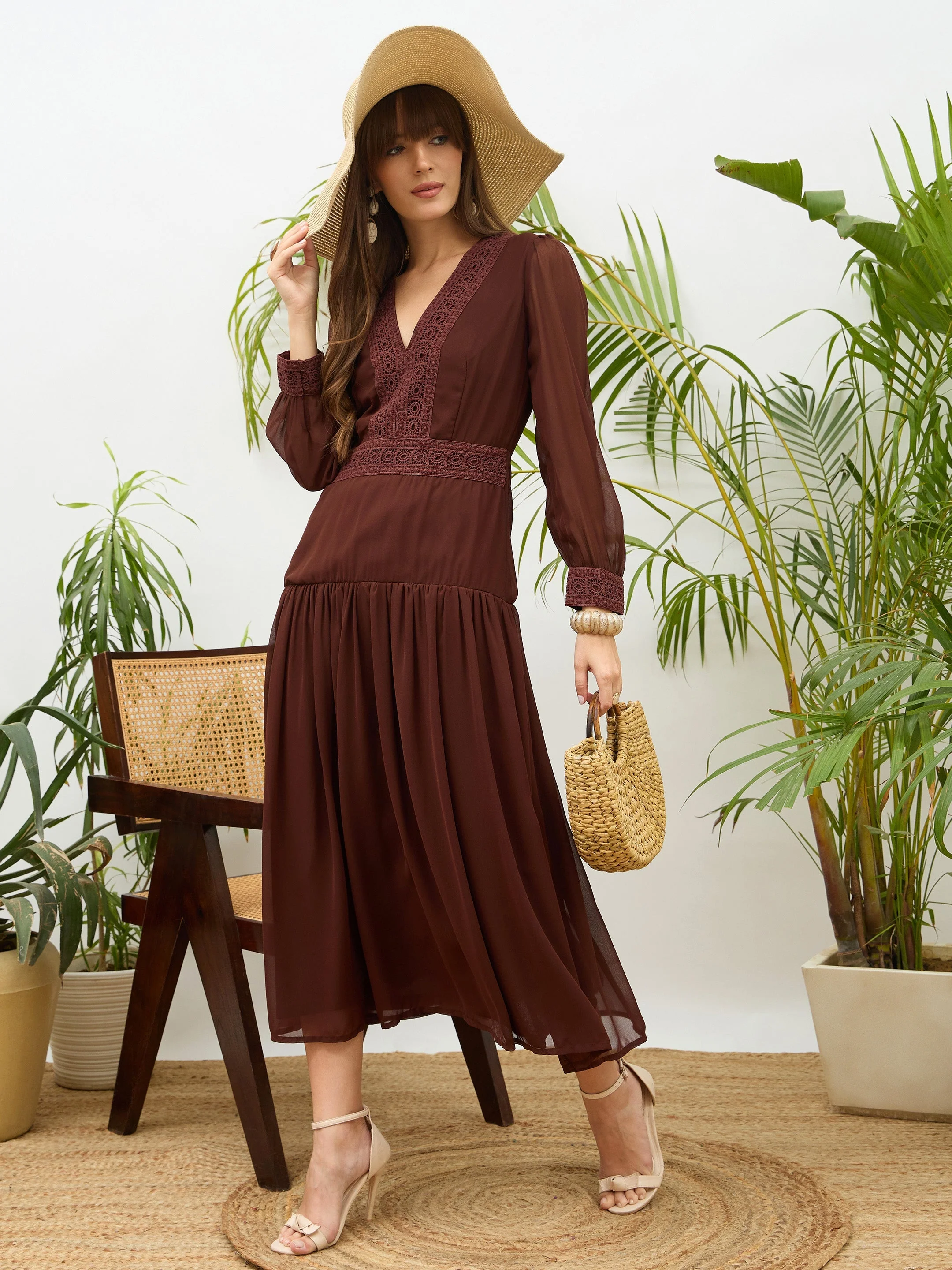 Women Brown V-Neck Lace Detail Maxi Dress - Image 2