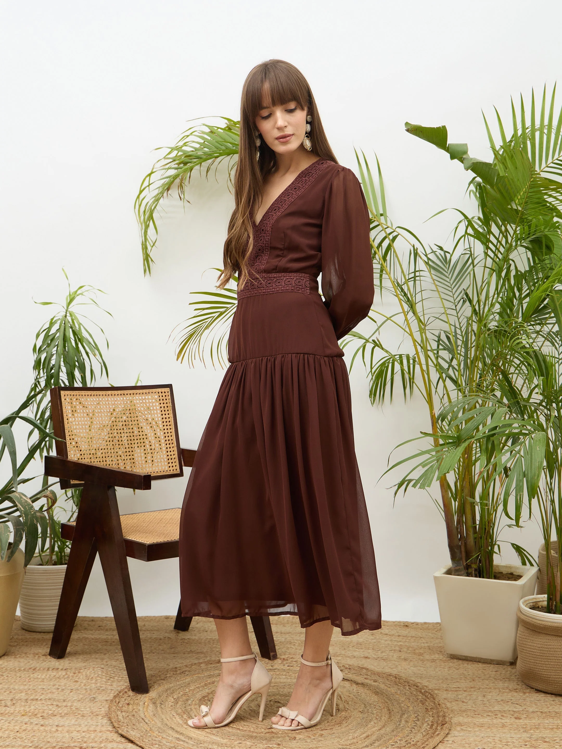 Women Brown V-Neck Lace Detail Maxi Dress - Image 3