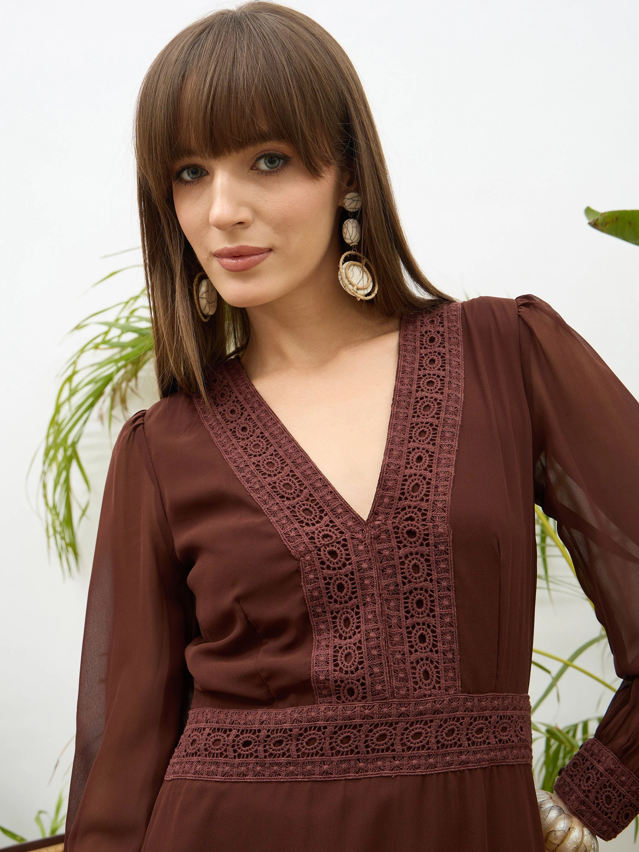 Women Brown V-Neck Lace Detail Maxi Dress - Image 4