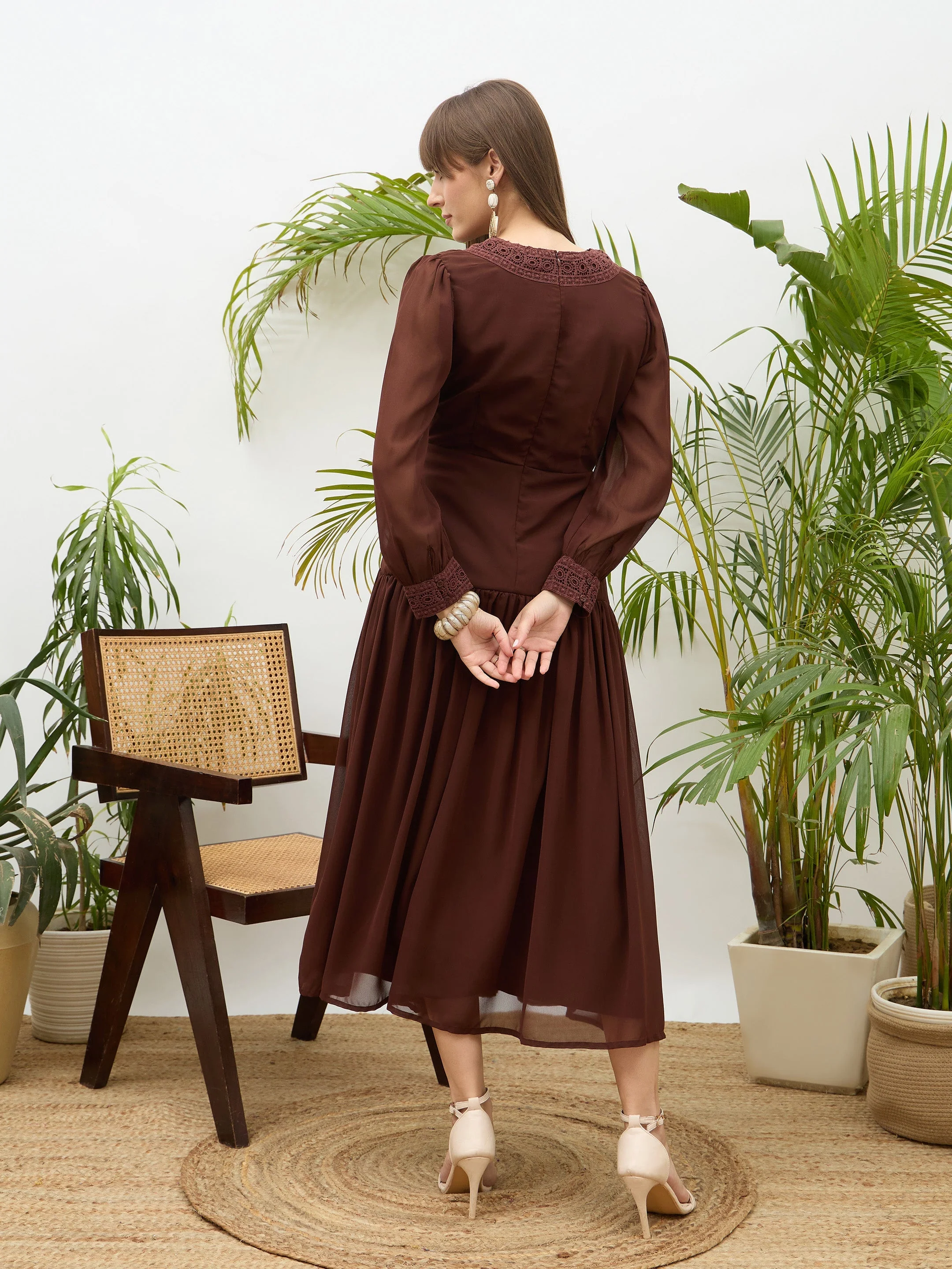 Women Brown V-Neck Lace Detail Maxi Dress - Image 5