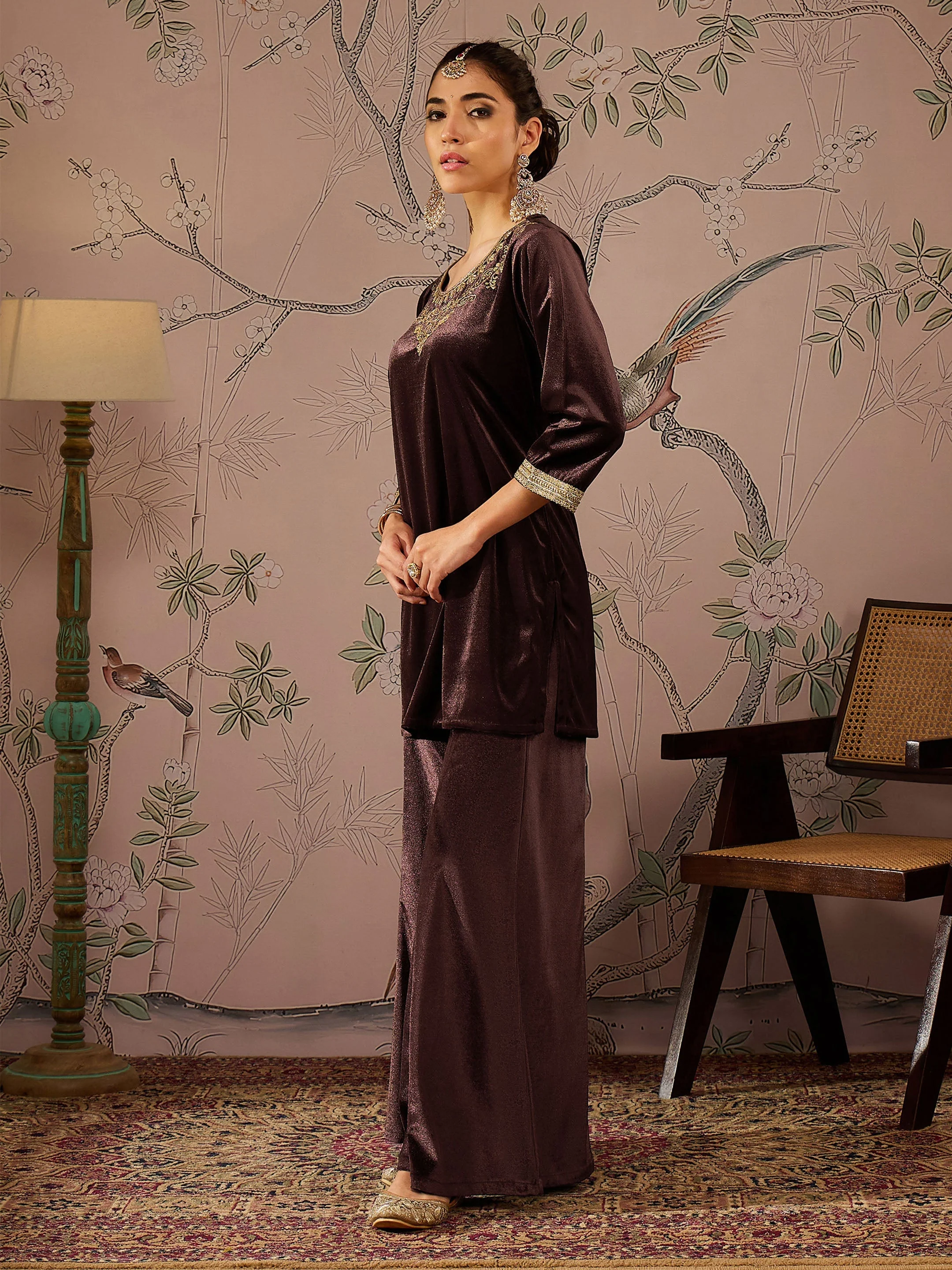 Women Brown Velvet Embroidered Short Kurta With Palazzo Pants - Image 3